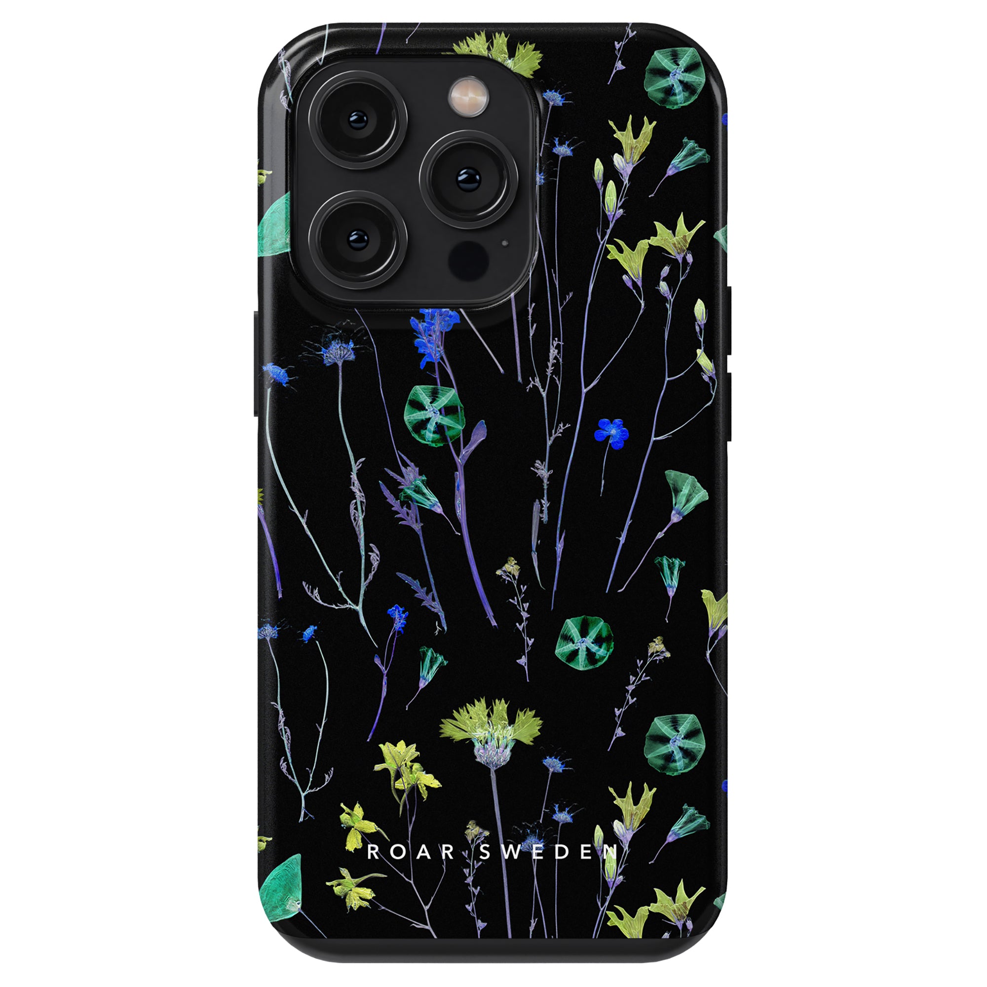 A black Tough case named "Night Plants" adorned with multicolored floral patterns and the brand name "ROAR SWEDEN" at the bottom.