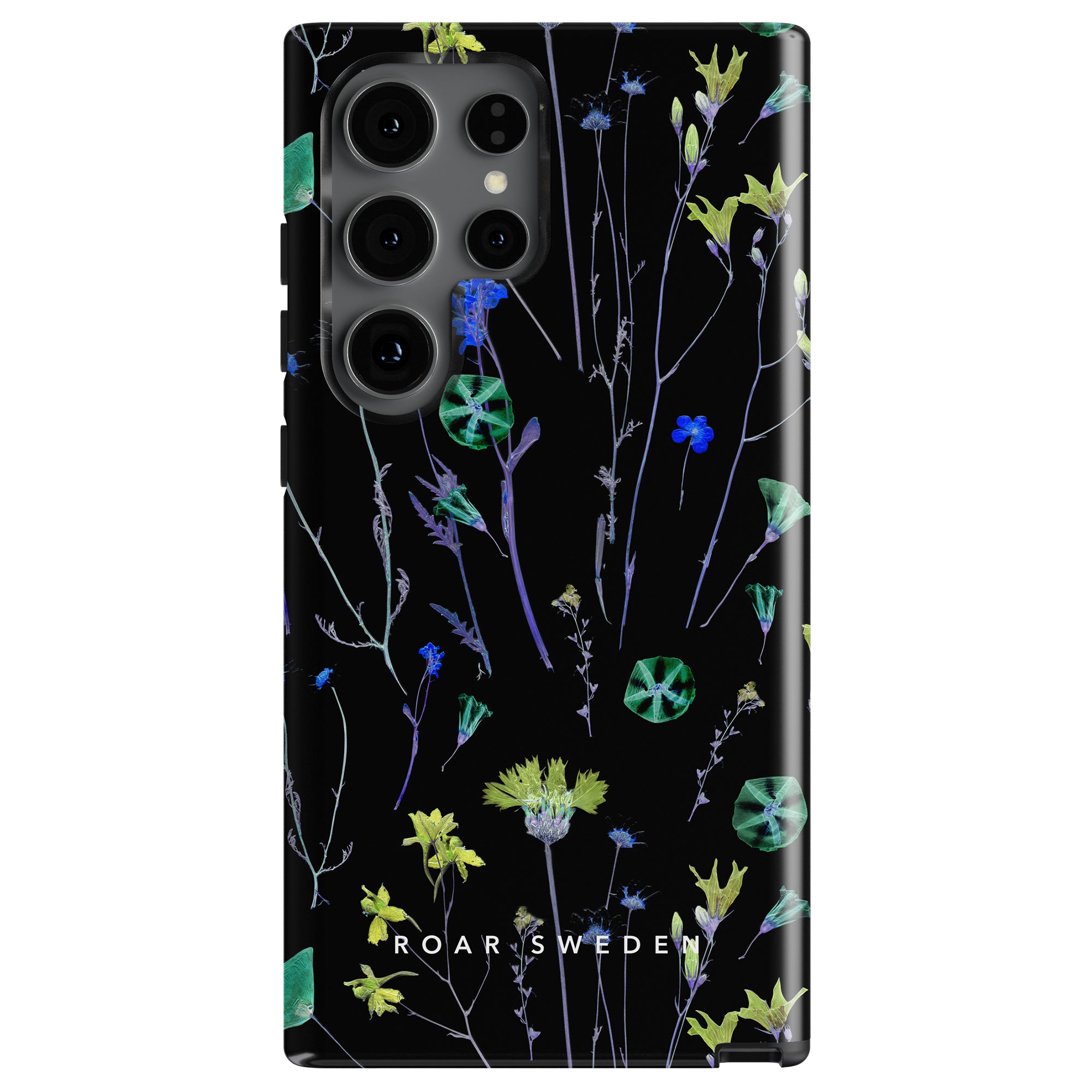 The Night Plants - Tough case is a robust mobilskal with a black background, featuring a floral pattern in blue, green, and yellow. It is adorned with the words "Roar Sweden" at the bottom, evoking the serenity of Night Plants.