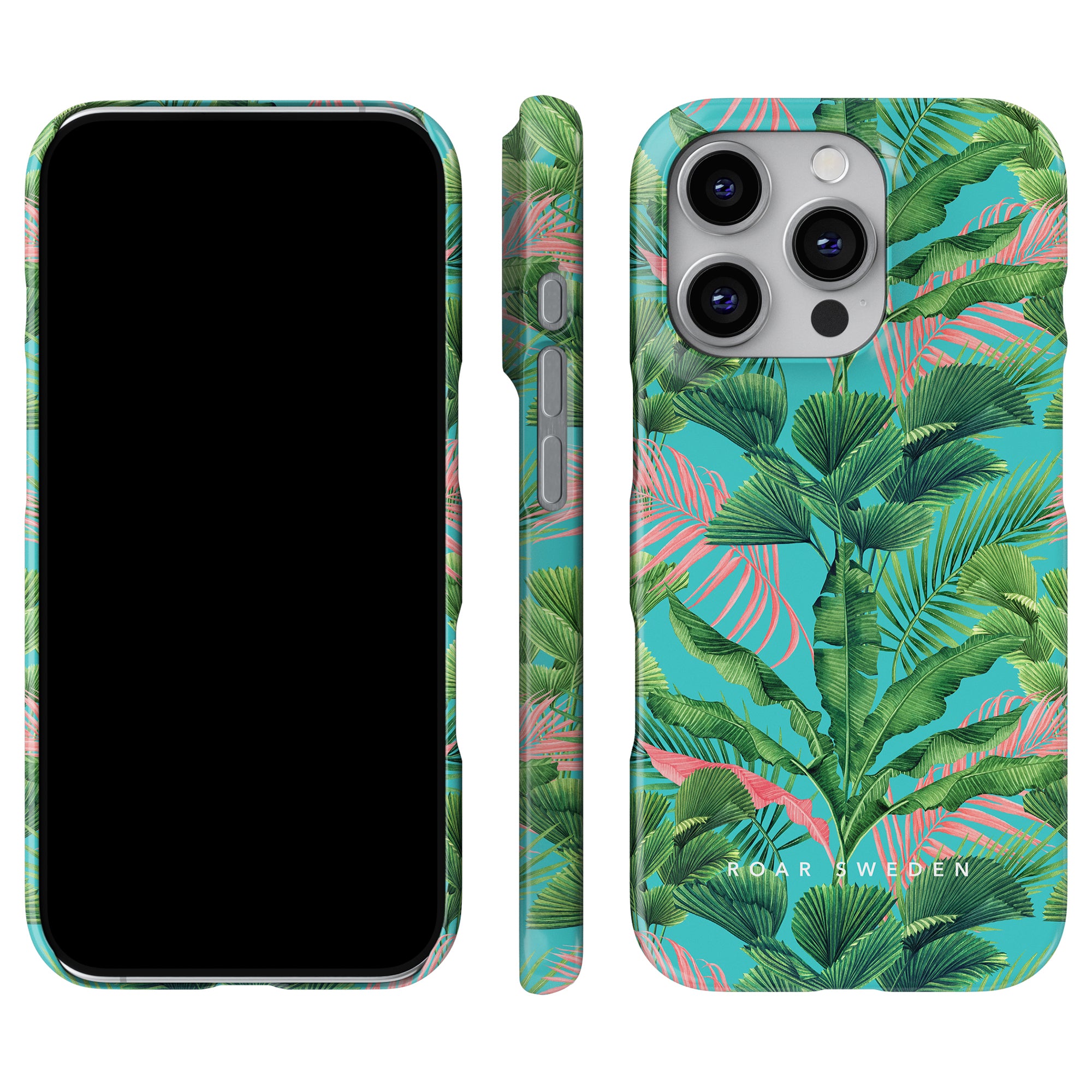 Utforska Palm Breeze - Slim Case från vår Jungle Collection, med en tropisk lövdesign i grönt och rosa mot en livfull turkos bakgrund, elegant visad från tre vinklar.