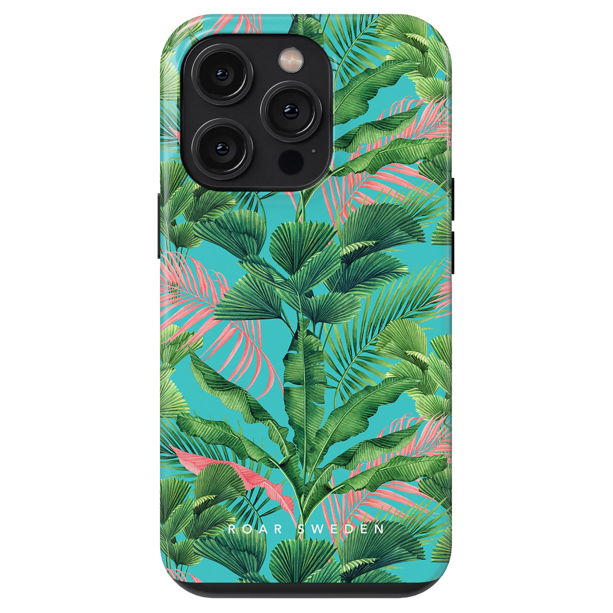 A smartphone with three cameras is encased in the Palm Breeze - Tough case, featuring a vibrant green and pink tropical leaf pattern from the Jungle Collection. The text "ROAR SWEDEN" is visible at the base of the case.