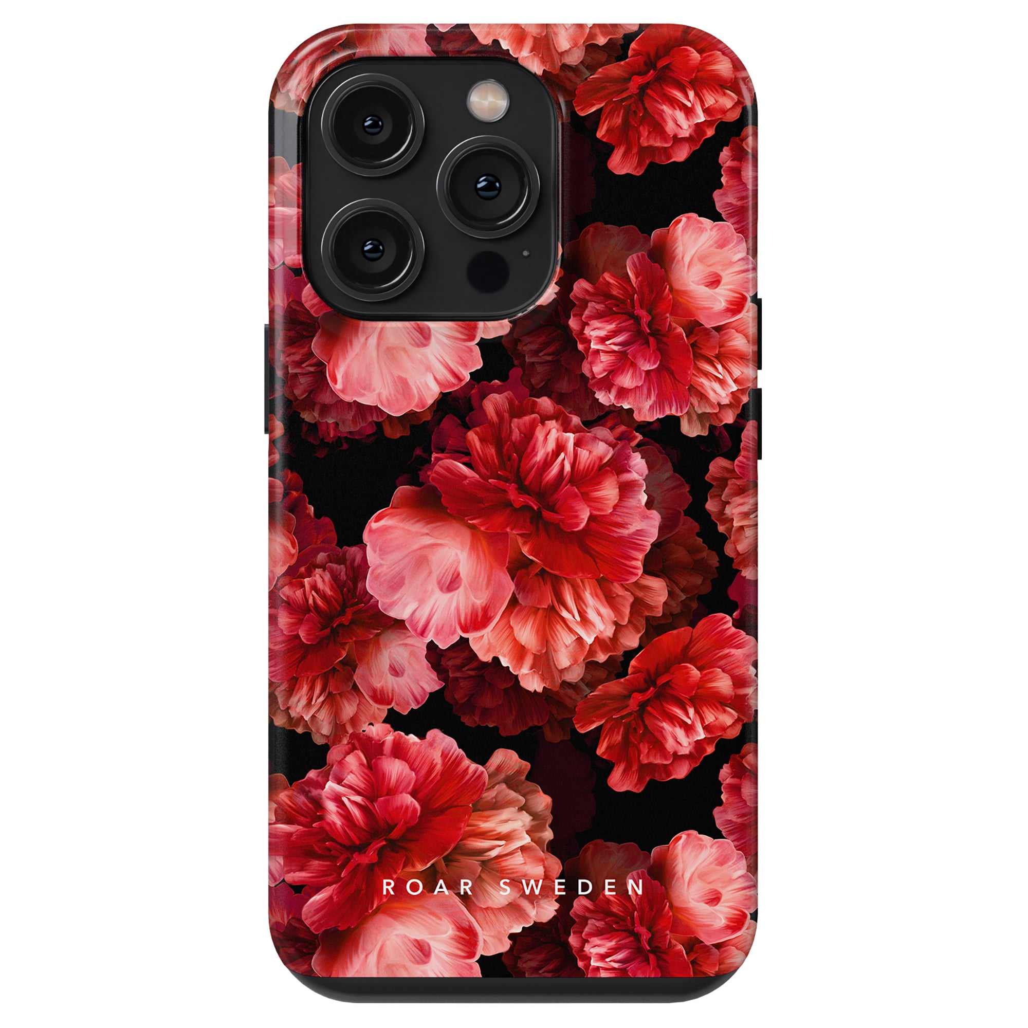 Smartphone with Peonies - Tough case, featuring a floral pattern of red and pink flowers, showcasing the blomstrande skönhet of peonies mobilskal, and the text "ROAR SWEDEN" at the bottom.