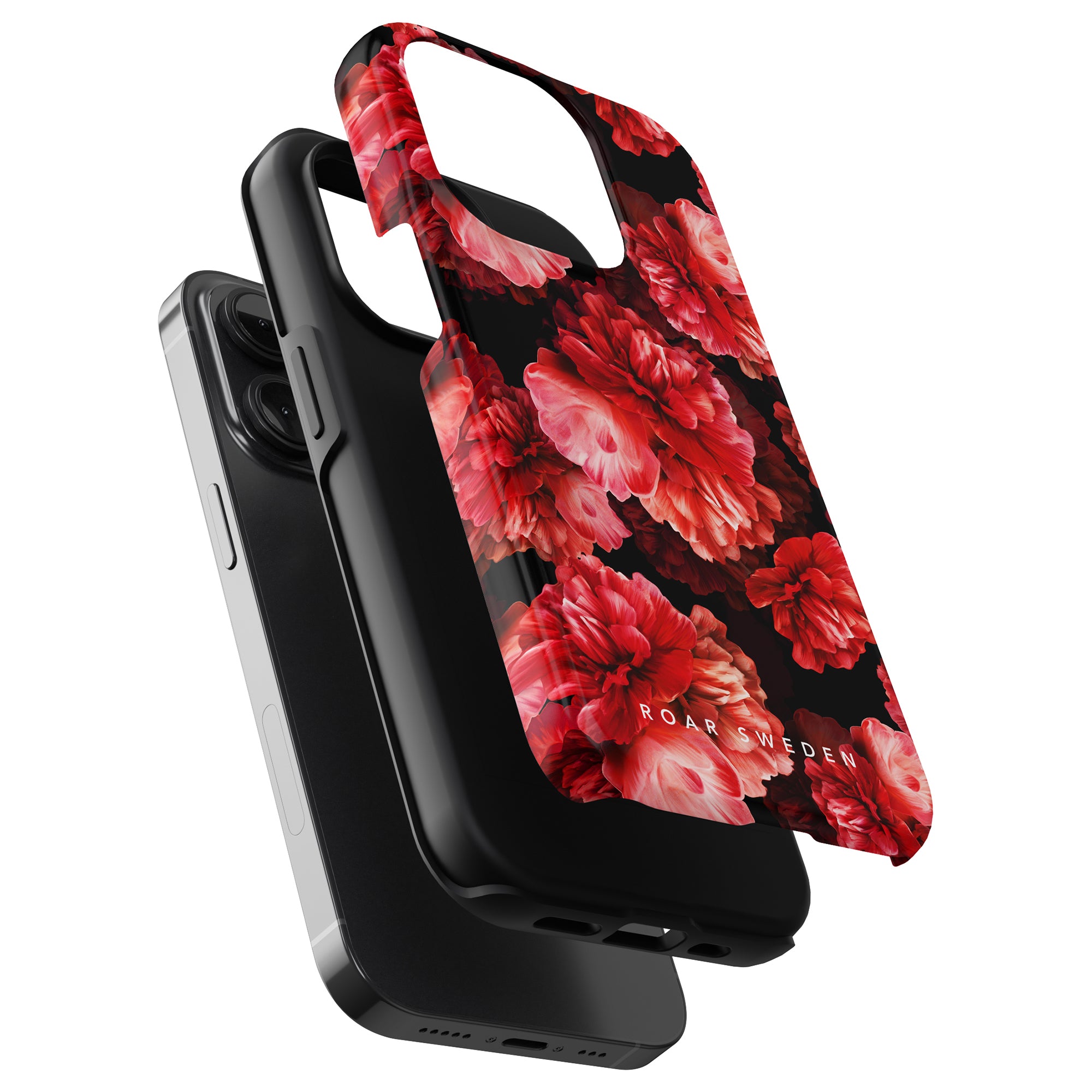 Three smartphone cases, with the top one featuring a black background and a blomstrande skönhet design of red peonies, are displayed stacked on a smartphone. The floral Peonies - Tough case has "ROAR SWEDEN" written on it.