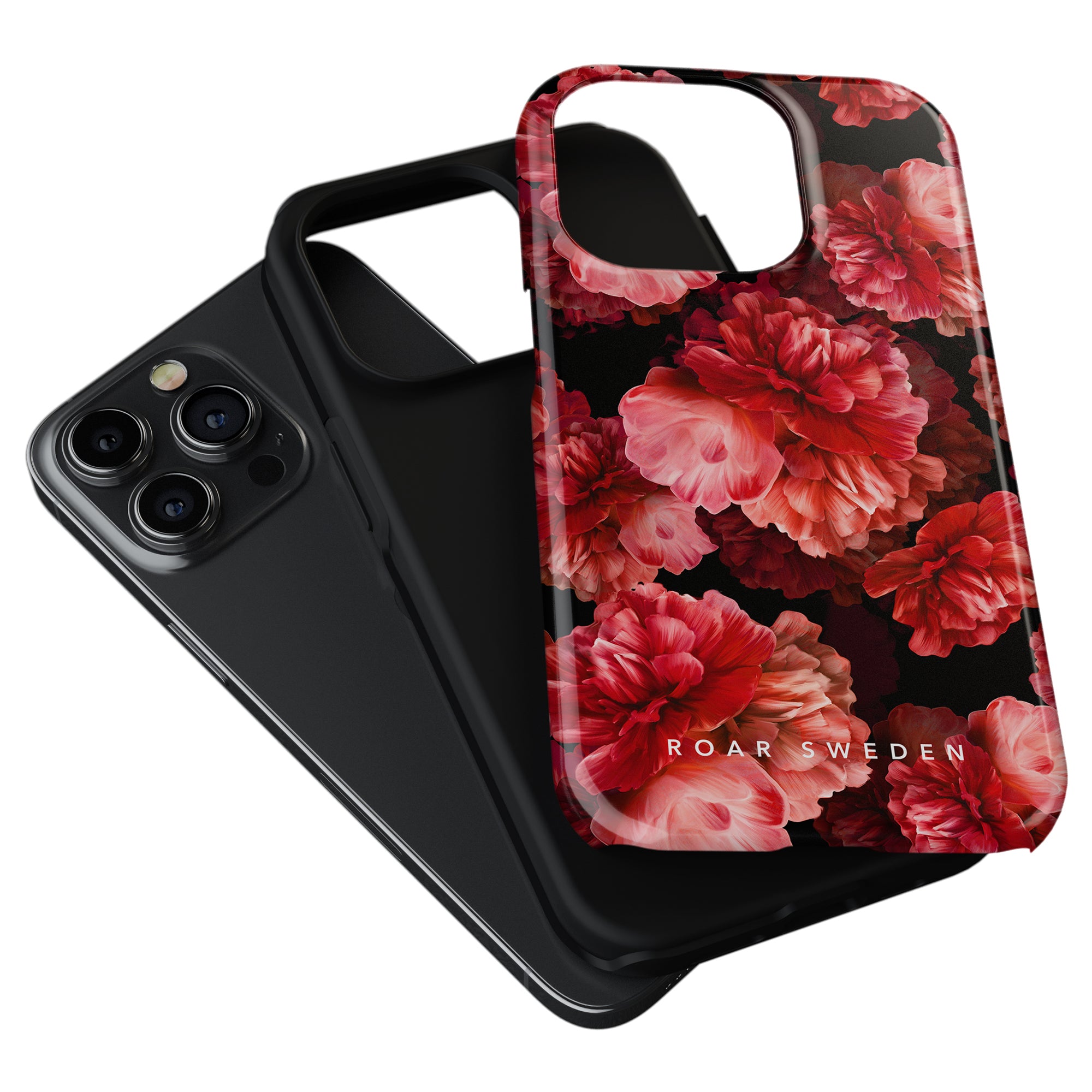 Two smartphone cases: one is solid black, and the other, named "Peonies - Tough case," features a red floral design with the text "ROAR SWEDEN," epitomizing blomstrande skönhet.