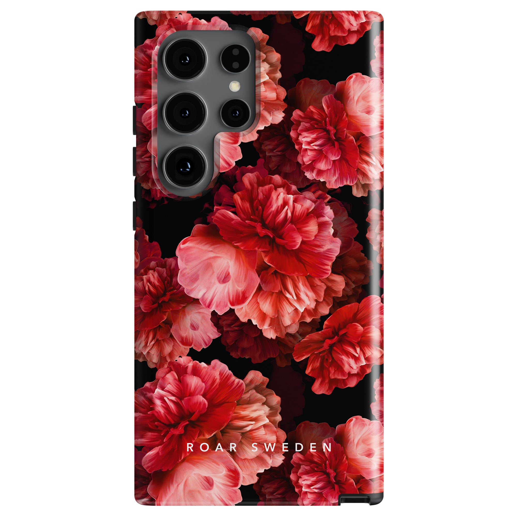 Introducing the Peonies - Tough case: A smartphone cover with a black base adorned with a red floral design and the "ROAR SWEDEN" text at the bottom, combining förstklassigt skydd with blomstrande skönhet.