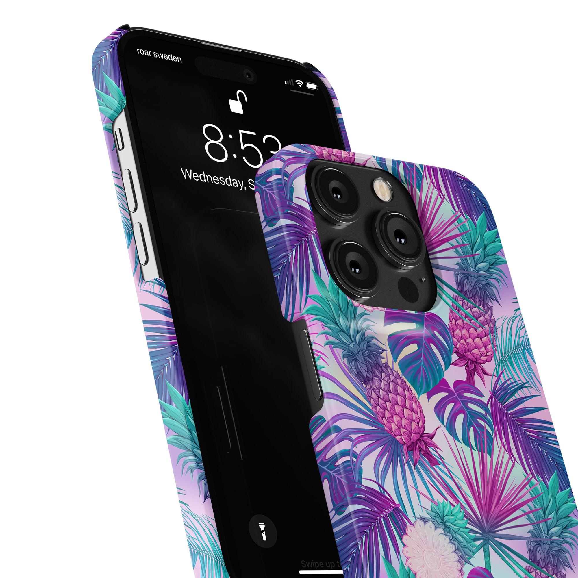 En bild av en Pineapple Party - Smal fodral för iPhone 11, med ett livfullt ananaspartytryck i lila och rosa.