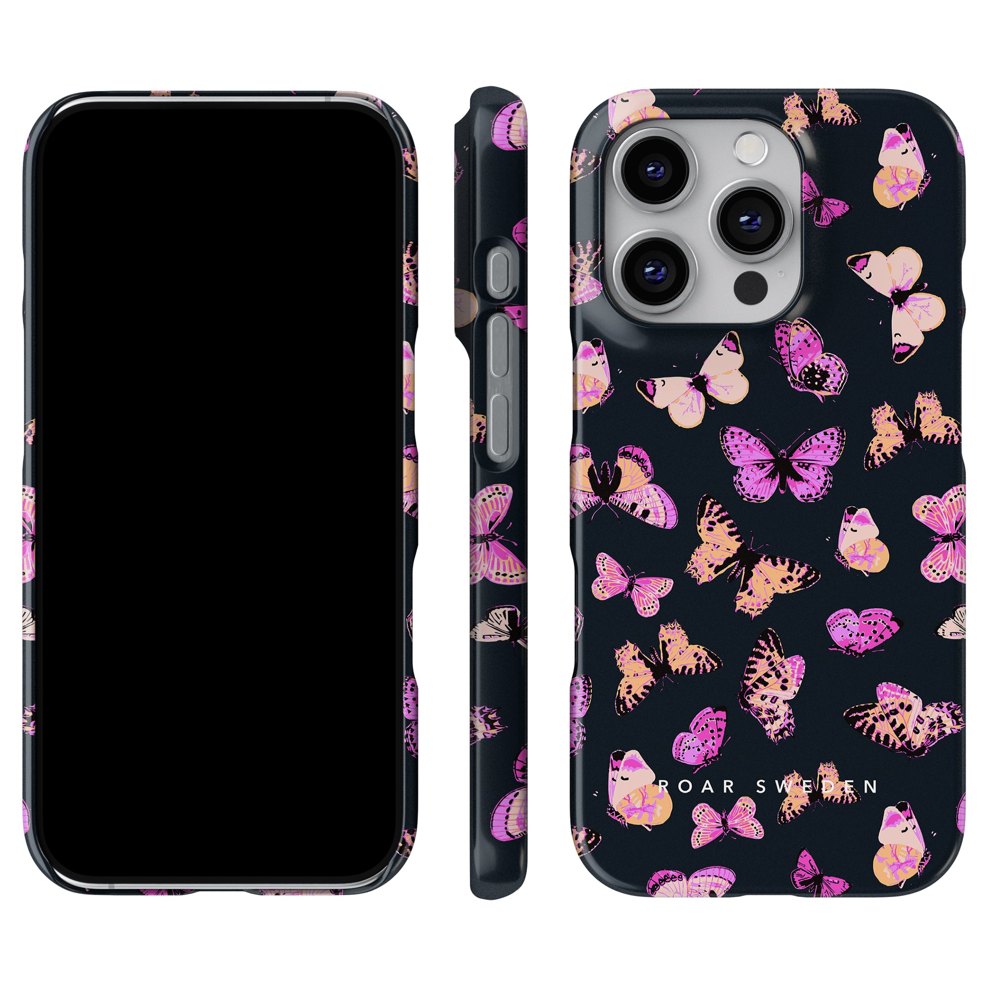 Detta smartphonetillbehör presenterar Pink Butterflies - Slim fodral och har ett delikat rosa och lila fjärilsmönster mot en mörk bakgrund. Den är en del av Exotic Collection som förenar elegans med robust skydd.