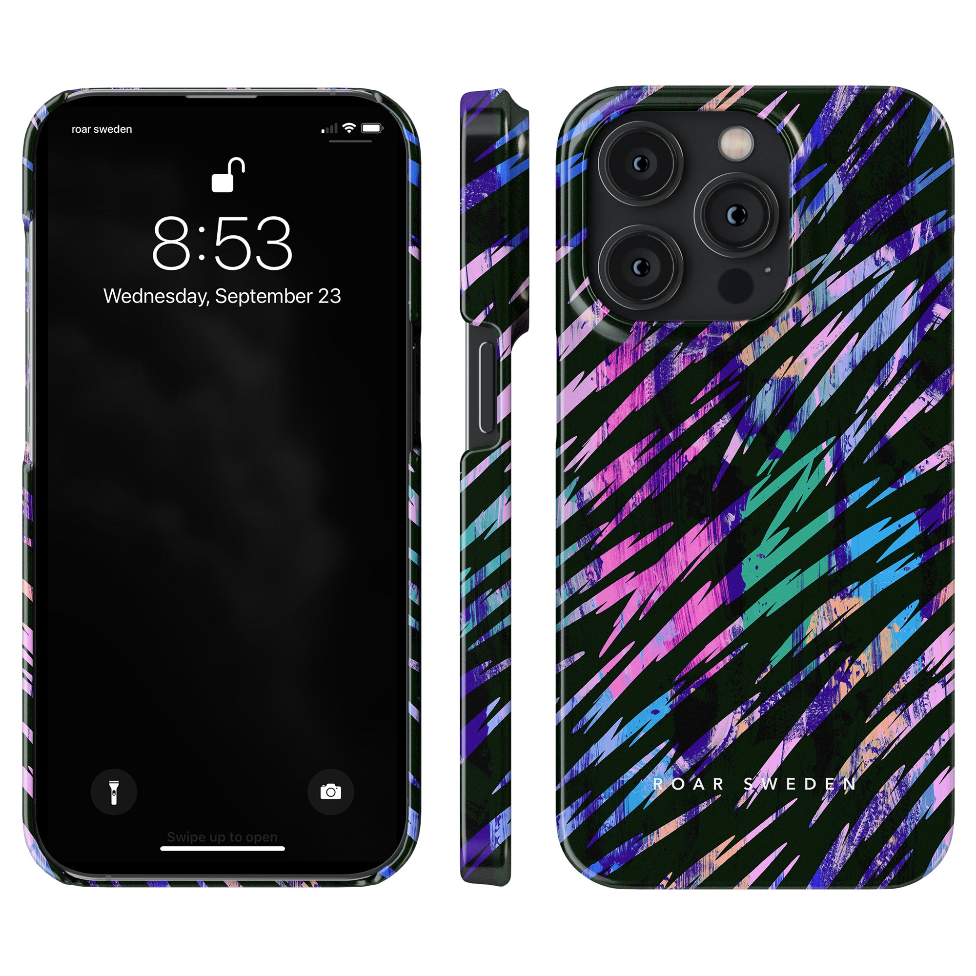 Ett svart och lila iPhone 11-fodral med Rad Stripes - Slim design.