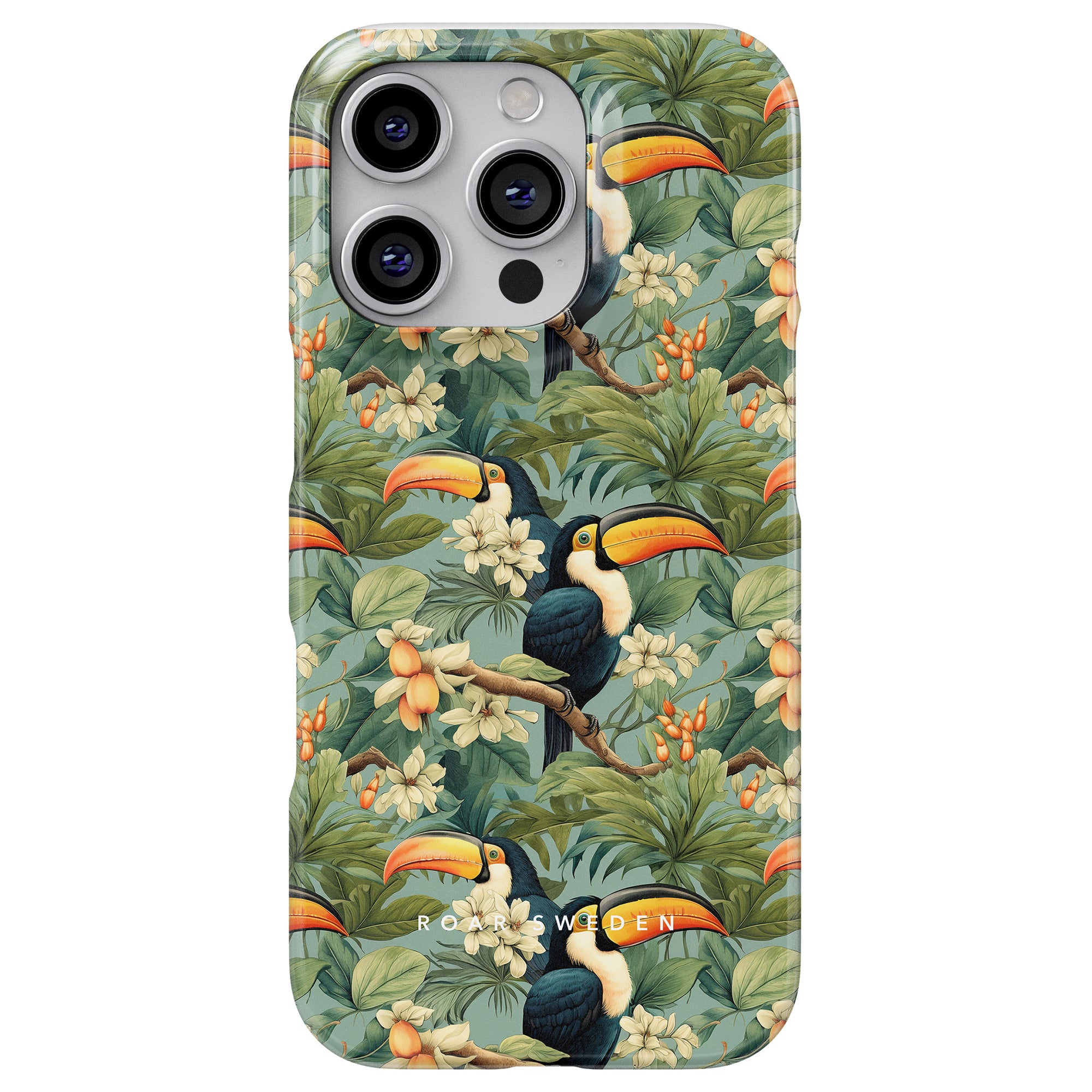 The Ramphastos Slim case showcases a vibrant tropical design, adorned with toucans, lush green leaves, and colorful flowers.