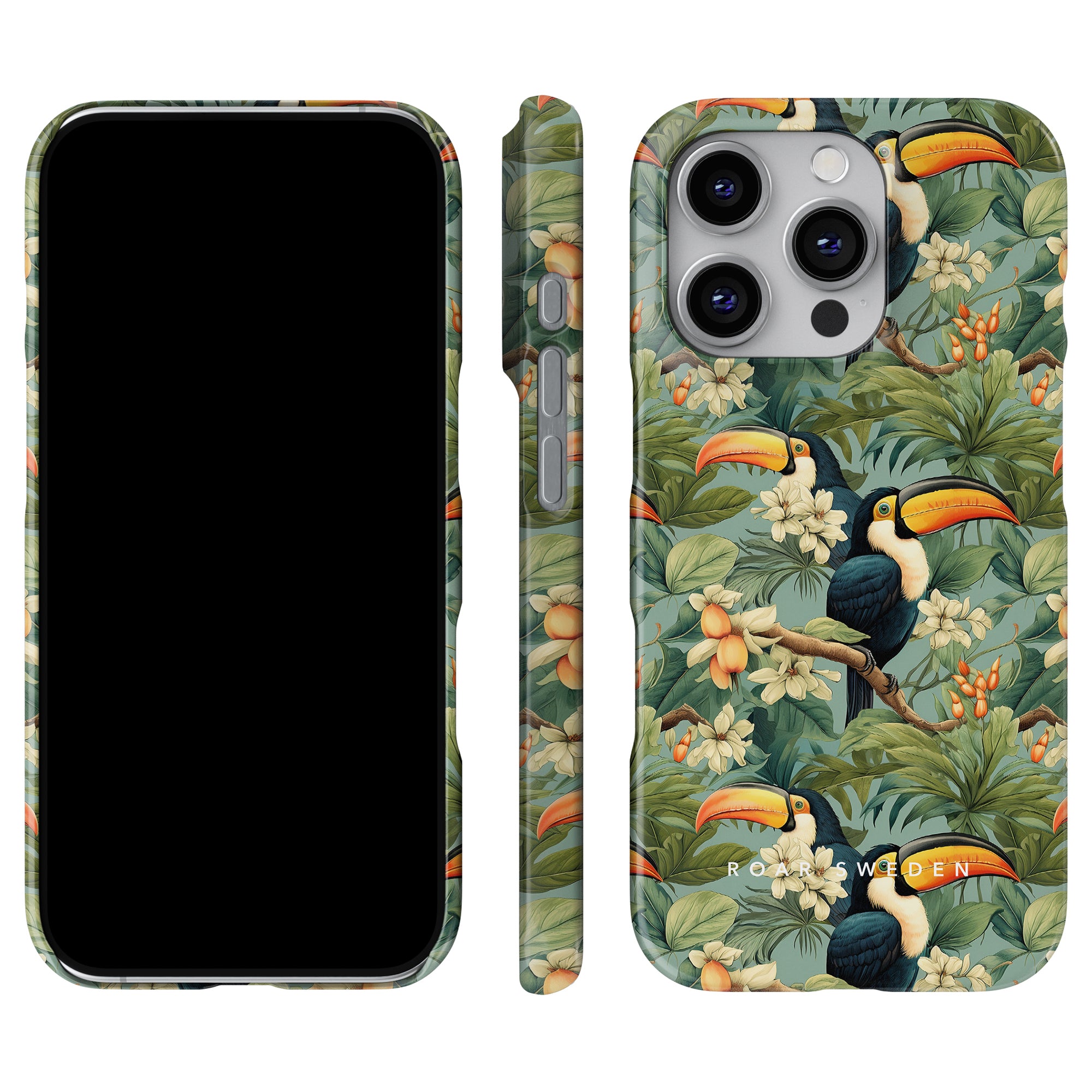 The Ramphastos - Slim case features a tropical design with toucans and lush foliage, highlighted from front, side, and back views.