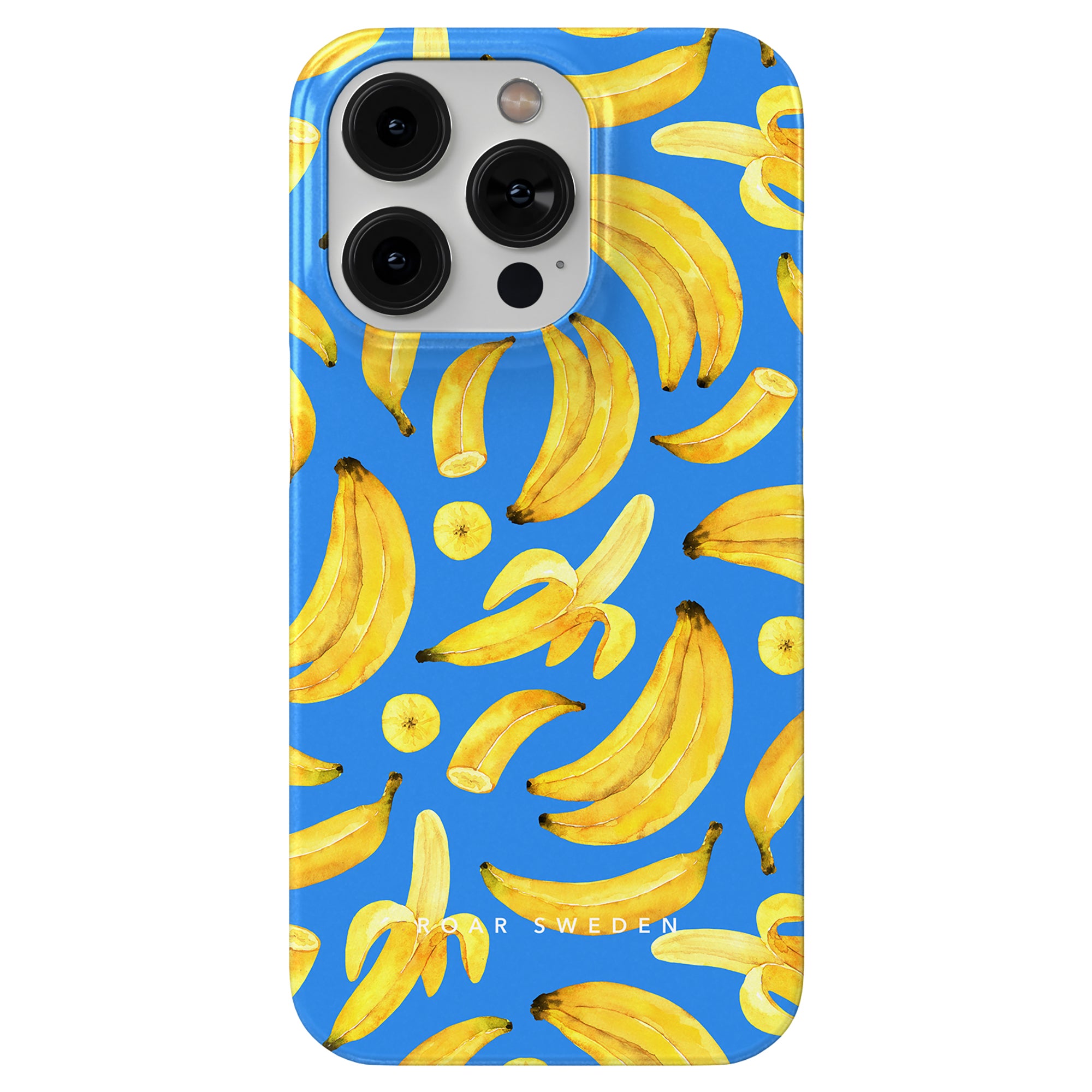 The Ripe Bananas - Slim case features a blue background adorned with a pattern of ripe banana illustrations.