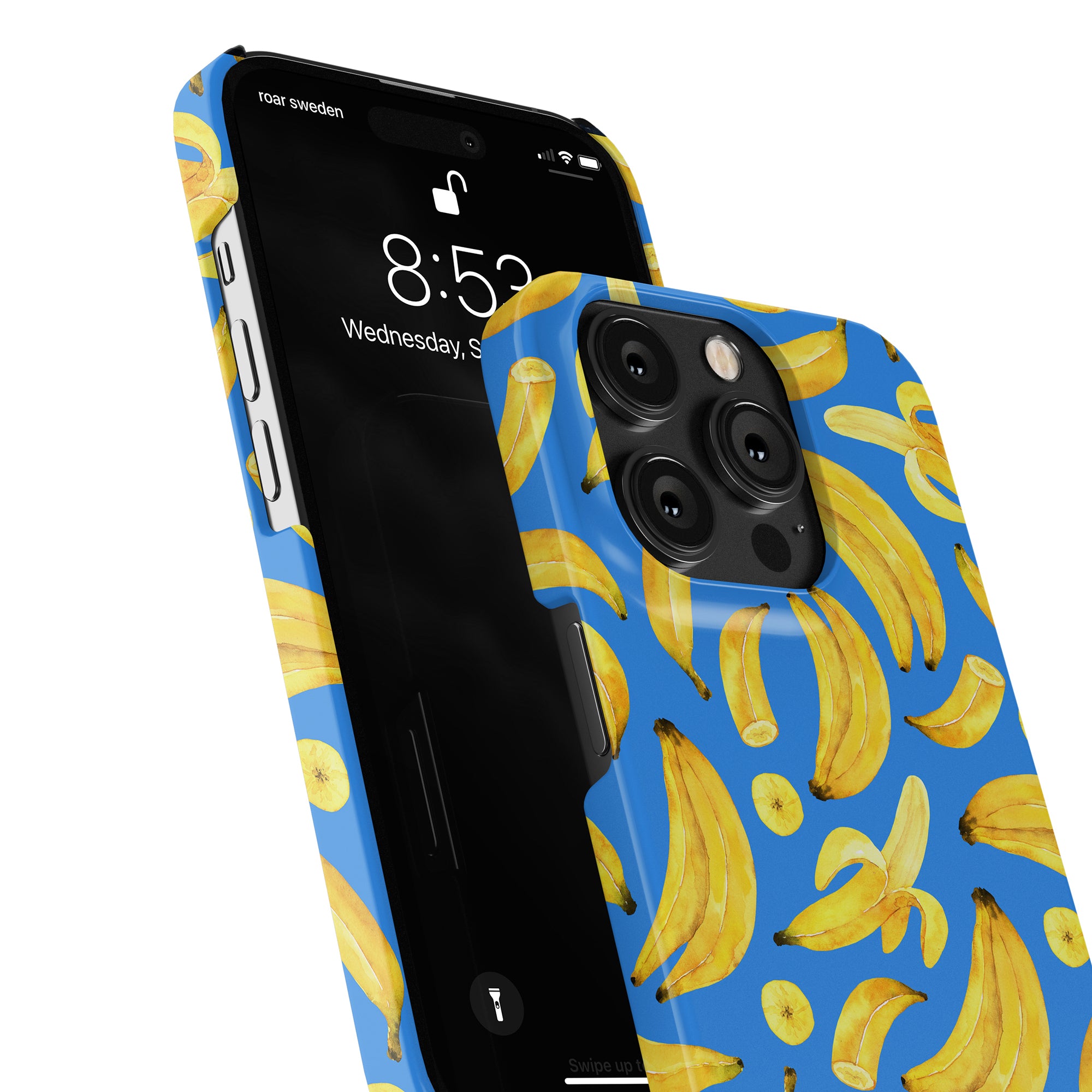 Close-up of a smartphone with the Ripe Bananas - Slim case in blue, showcasing a pattern of ripe bananas. The lock screen displays the time as 8:53 and the date as Wednesday, September 12.