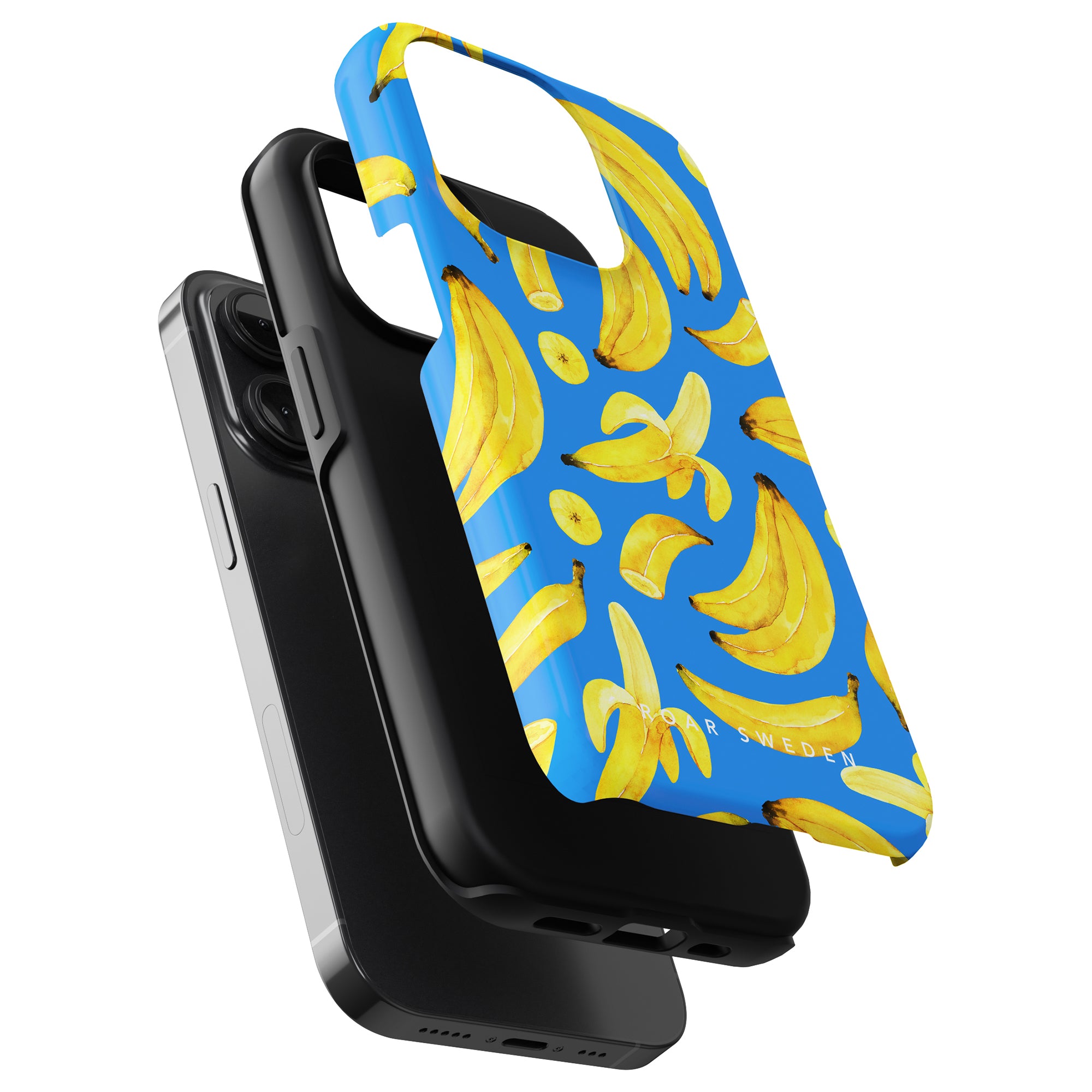 Three smartphone cases stacked together; one is the "Ripe Bananas - Tough case" from the Exotic Fruits Collection, featuring a blue background with a pattern of ripe bananas, and the other two are plain black tough cases.