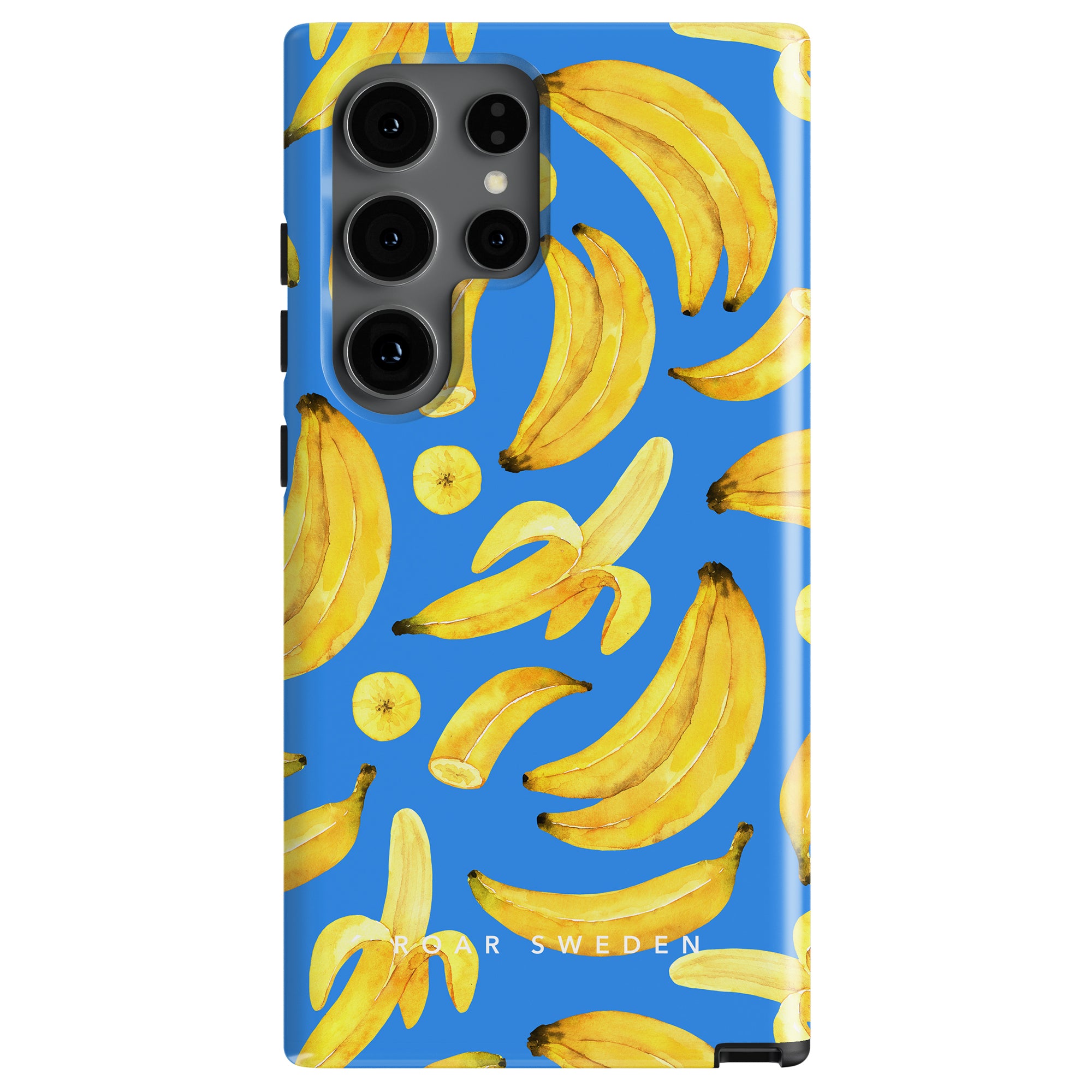 The "Ripe Bananas - Tough Case" from the Exotic Fruits Collection showcases a blue background adorned with a pattern of ripe bananas in various stages of peeling, alongside cross-sections of bananas. The durable case proudly bears the brand name "ROAR SWEDEN".