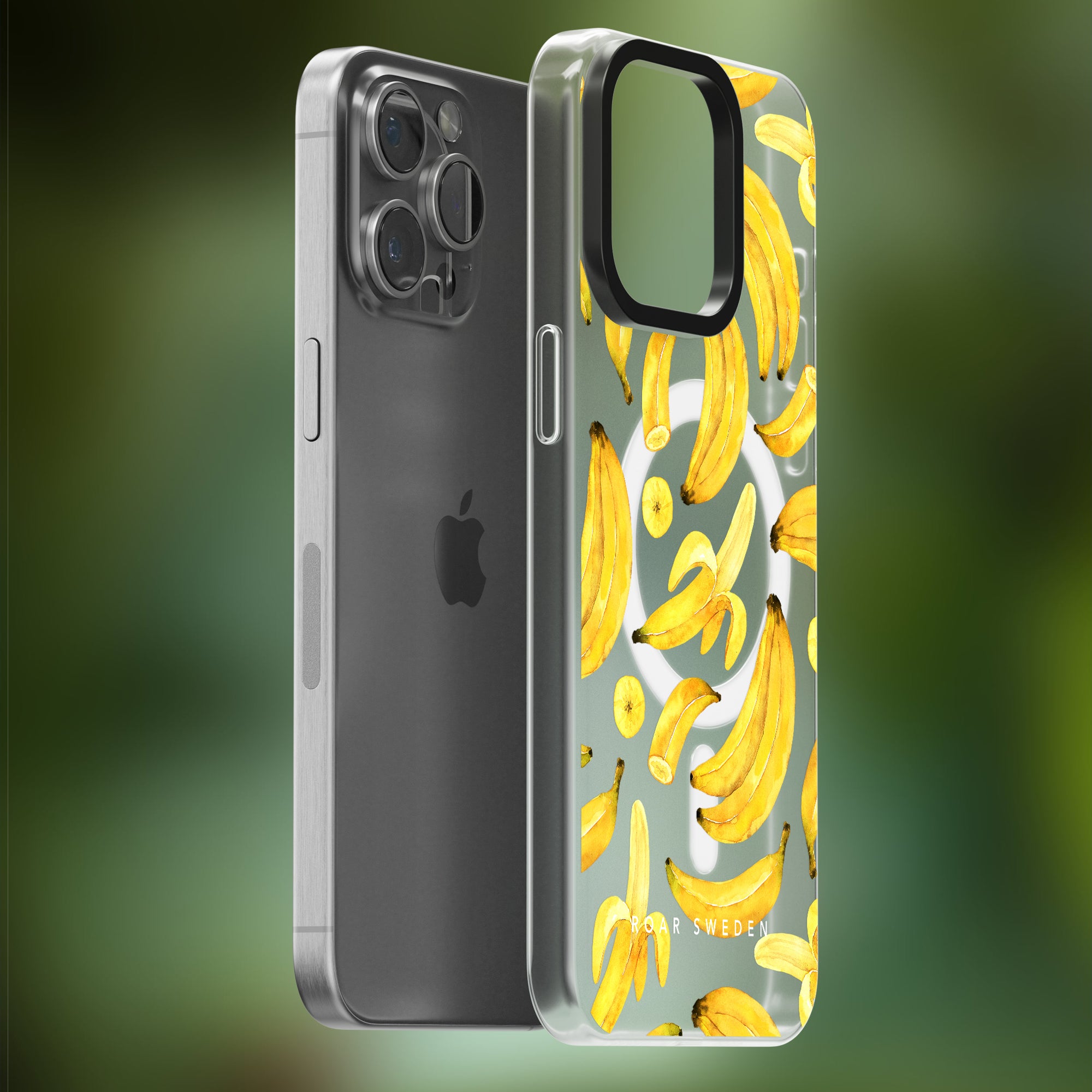 Ripe Banana - MagSafe case featuring a vibrant banana pattern, displayed with a gray iPhone. Part of the Exotic Fruits Collection.