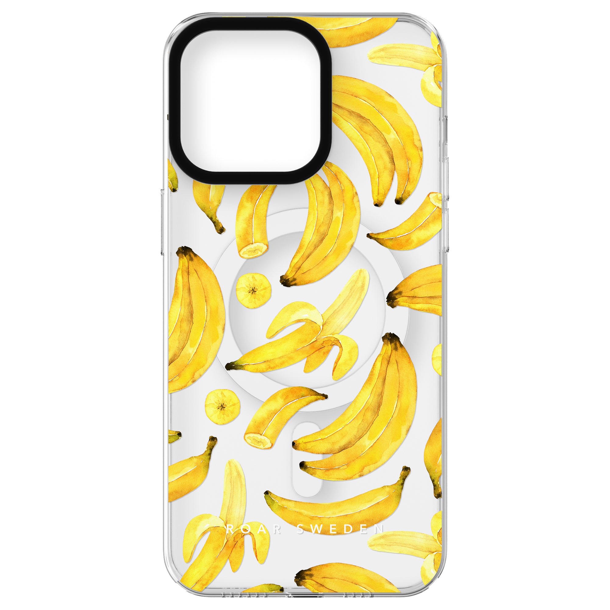 Part of our Exotic Fruits Collection, the Ripe Banana - MagSafe clear phone case showcases a lively pattern of ripe bananas and banana slices, complete with a circular cutout on the back.