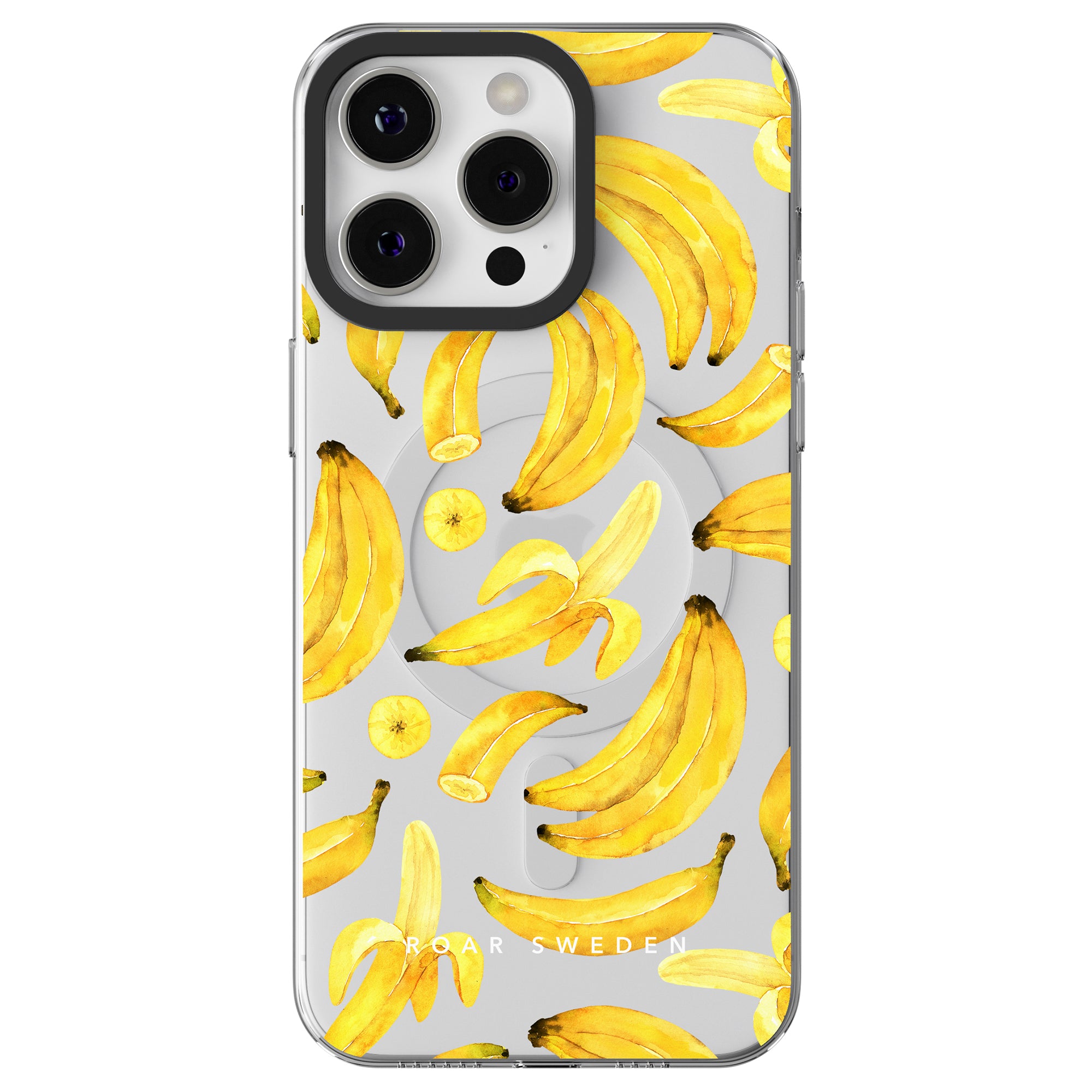 Introducing the Ripe Banana - MagSafe, a stylish case adorned with a pattern of ripe bananas on a light gray background and featuring the text "ROAR SWEDEN." Part of our Exotic Fruits Collection, this case is as eye-catching as it is functional.