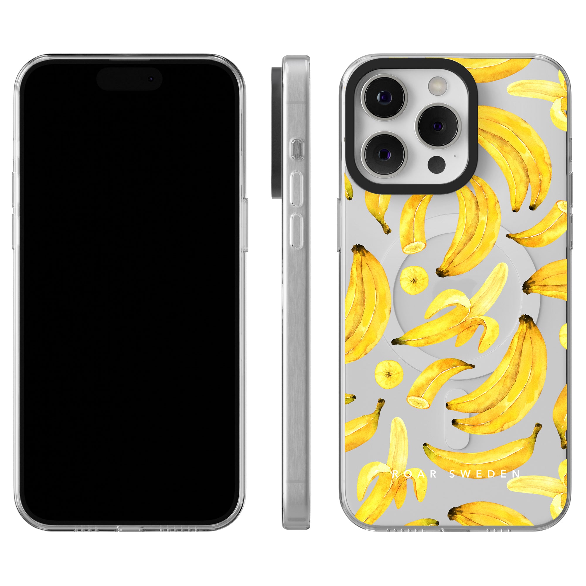 The Ripe Banana - MagSafe smartphone case from the Exotic Fruits Collection is shown from three angles, highlighting its black screen. The back case features a whimsical design of ripe bananas on a light gray background with the brand name "CARAR SWEDEN" displayed at the bottom.