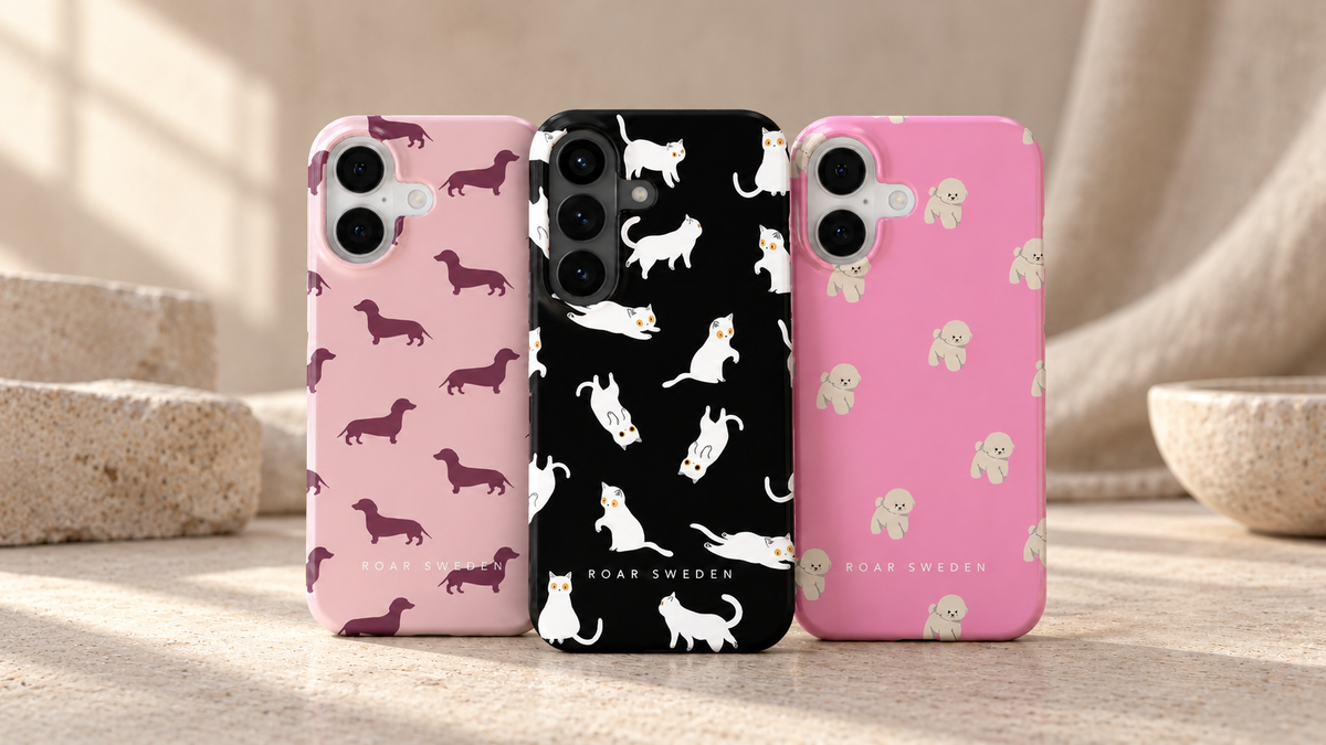 Roar Sweden CATS & DOGS – tre mobilskal i kollektionens mönster för iPhone och Samsung