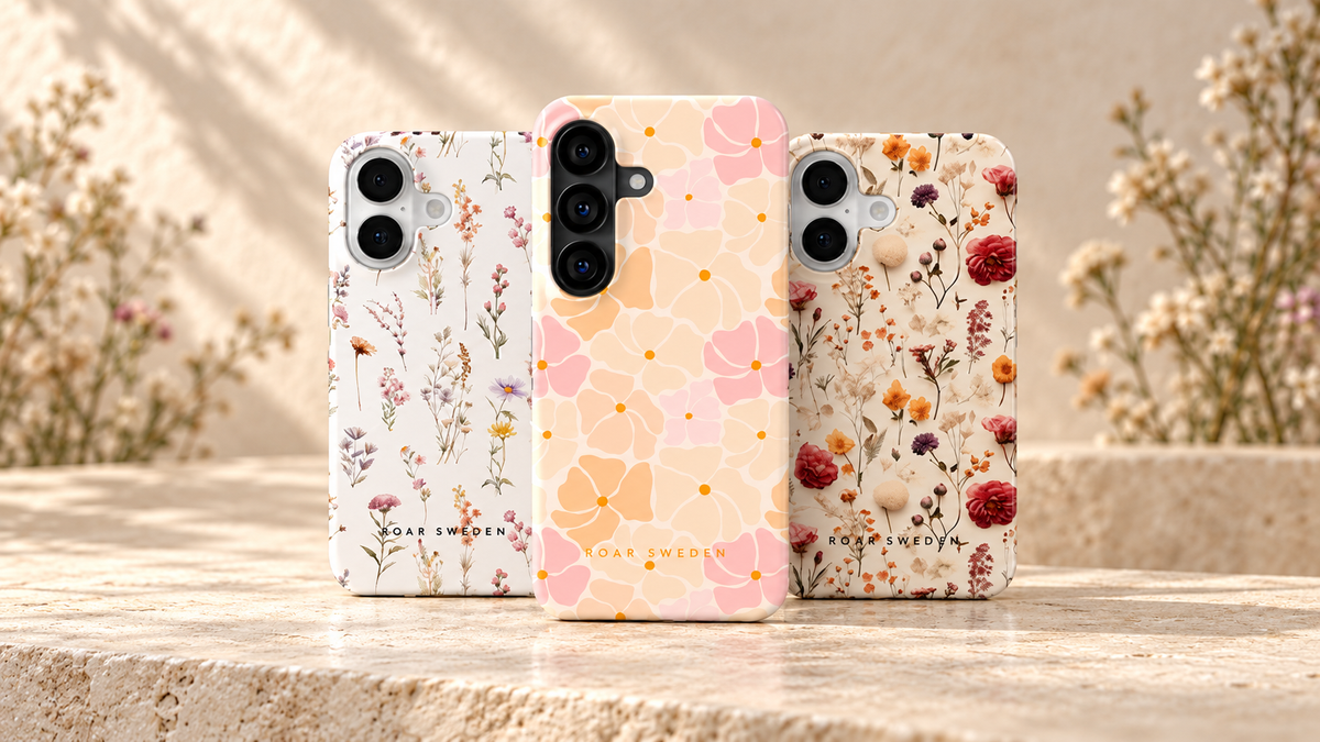 Roar Sweden floral – kollektionsbild med tre mobilskal