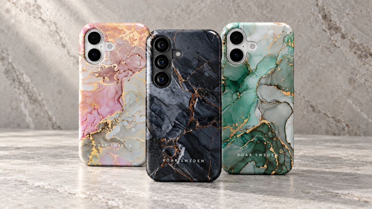 Roar Sweden MARBLE – tre mobilskal i kollektionens mönster för iPhone och Samsung