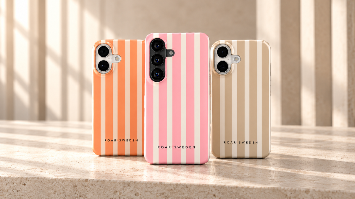 Roar Sweden stripes – kollektionsbild med tre mobilskal