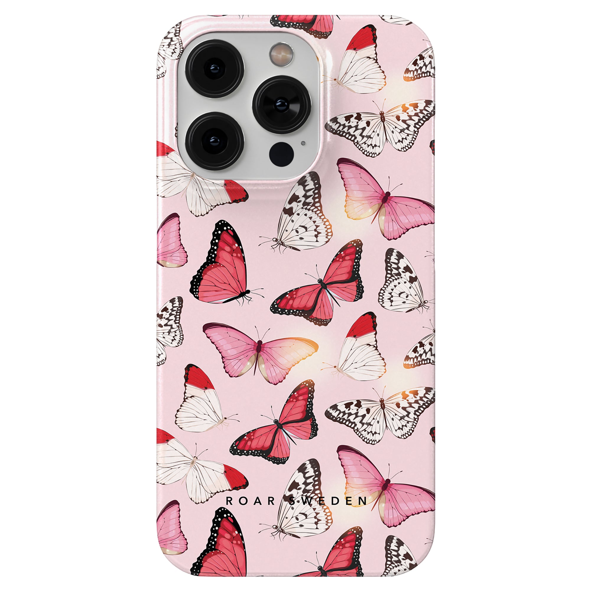 A smartphone with a Rosy Butterflies - Slim case from the Conservatory Collection is shown on a white background.