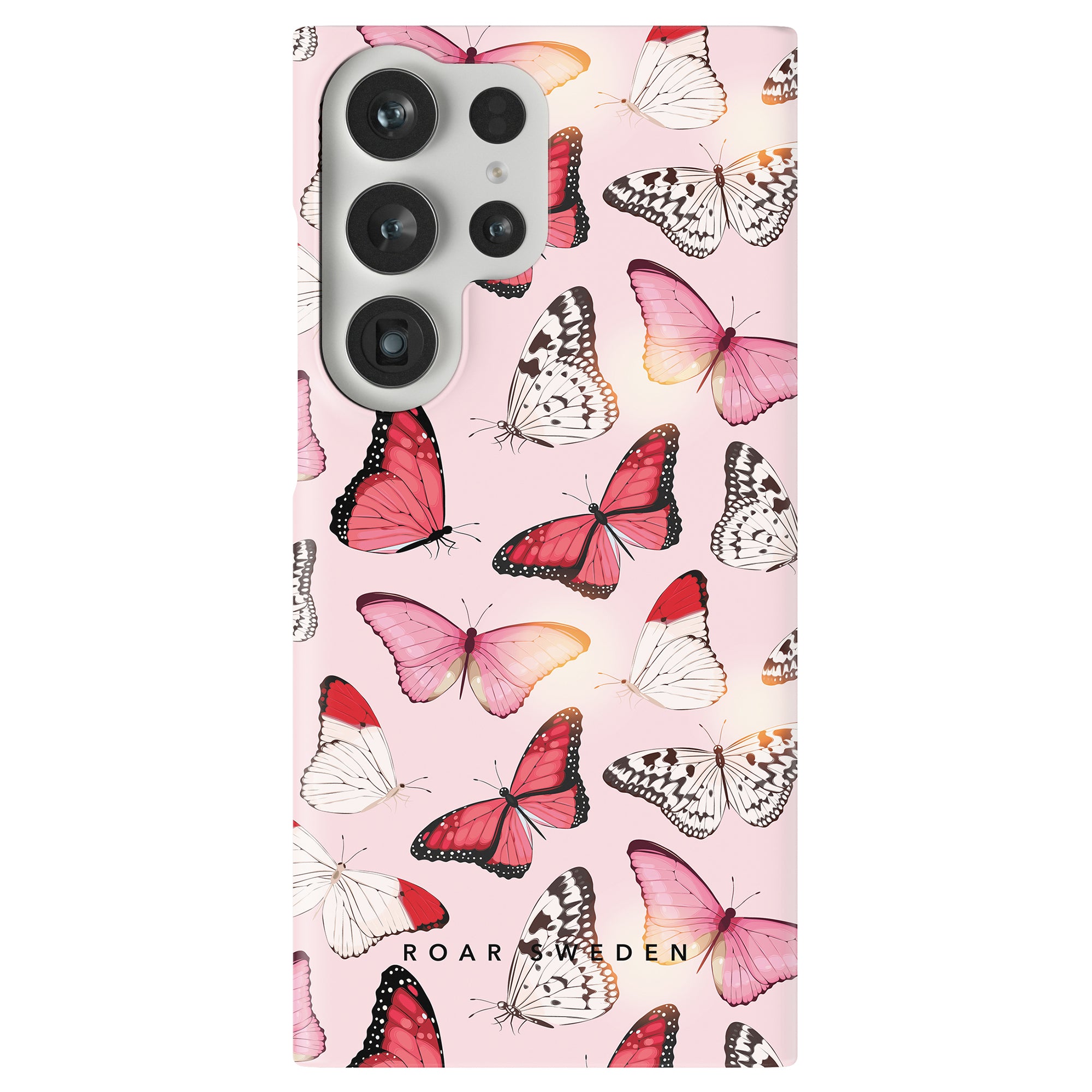 Introducing our latest slim case from the Conservatory Collection—a stylish accessory featuring a pink background adorned with vibrant Rosy Butterflies.