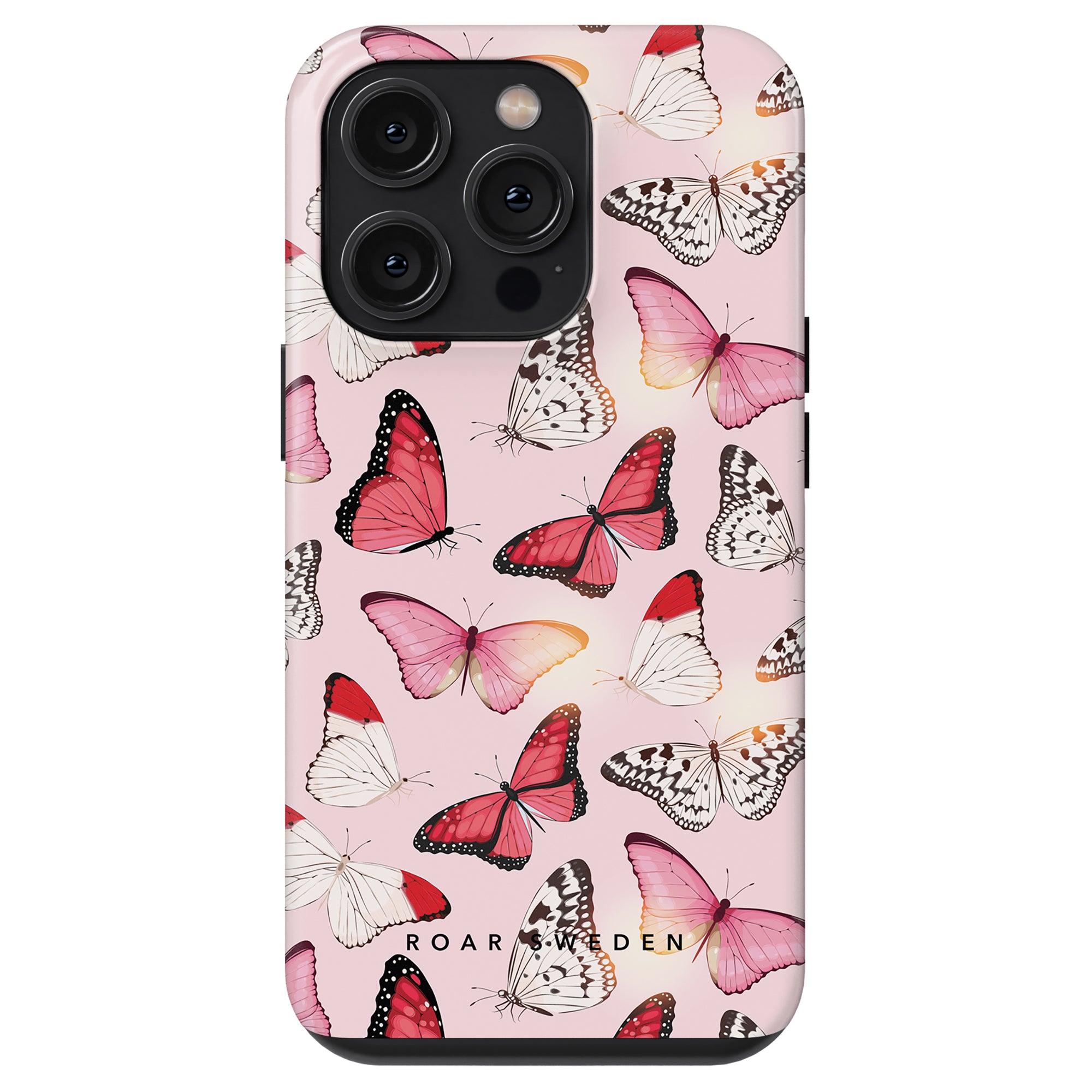 The Rosy Butterflies - Tough case boasts a pink background adorned with butterflies in various colors and designs. Text at the bottom reads "ROAR x EDEN," making it a must-have from the Conservatory Collection.