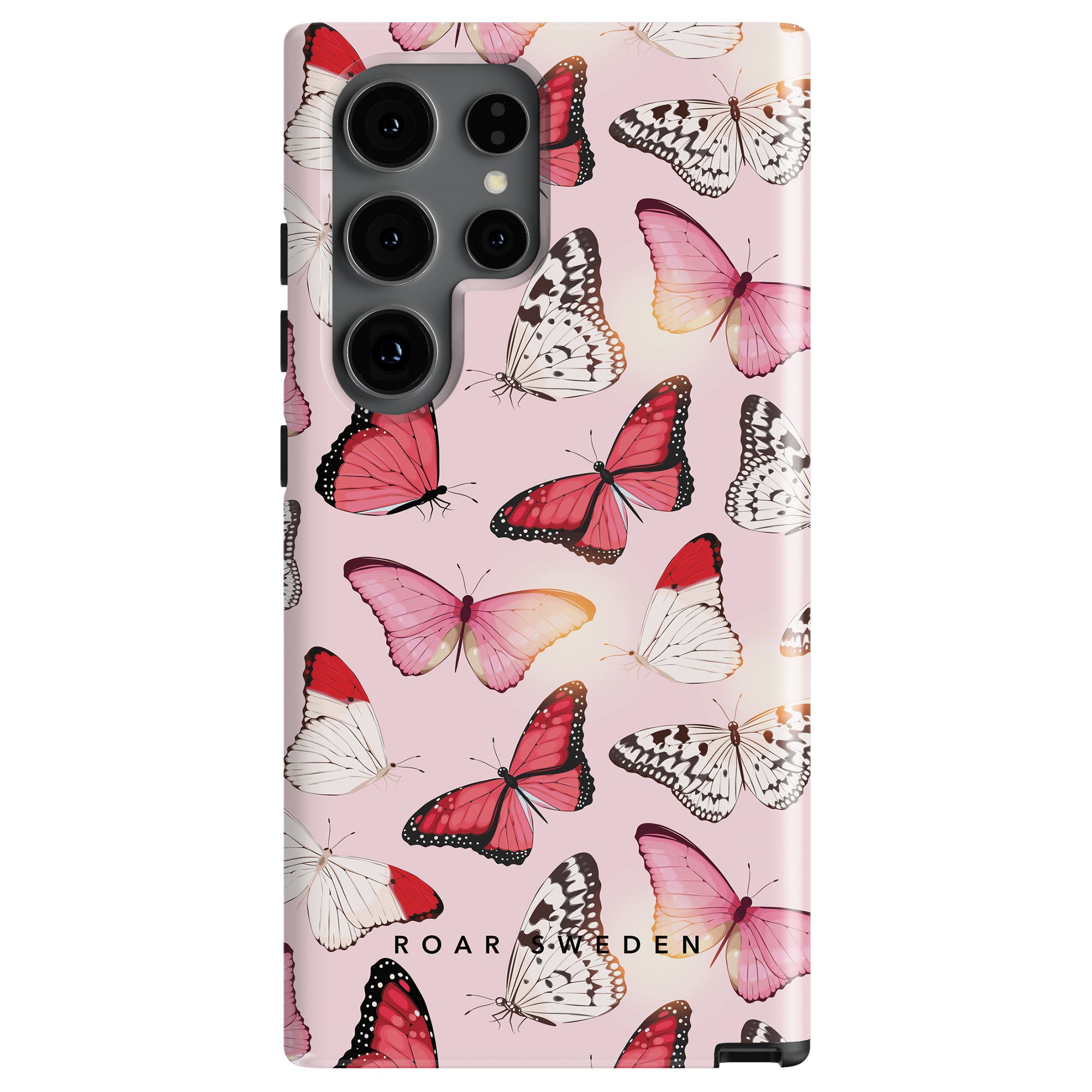 Enhance your smartphone with the Rosy Butterflies - Tough case, part of the Conservatory Collection, featuring a pink background adorned with a charming pattern of butterflies in white, pink, black, and red.