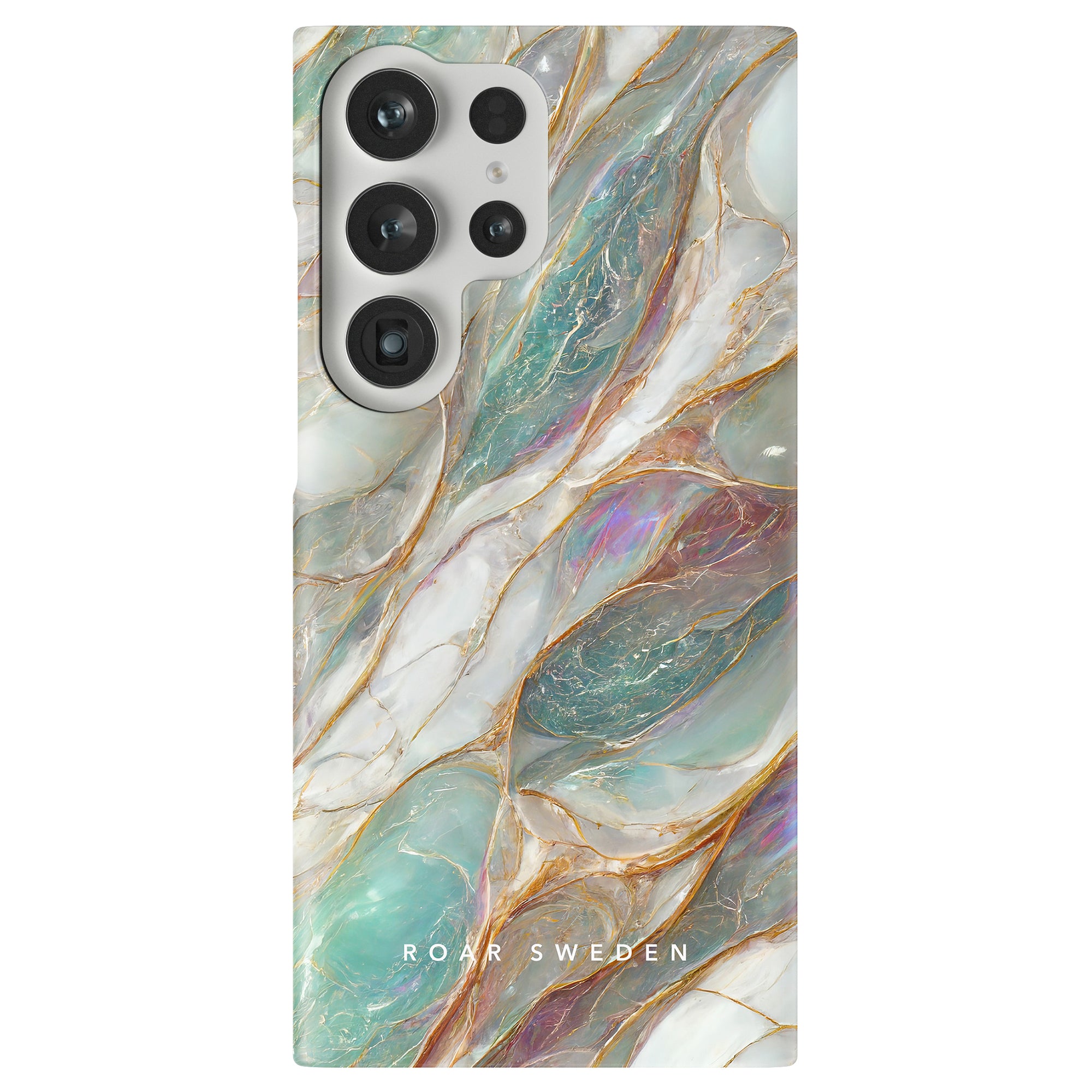 A smartphone with a Mother of Pearl - Slim case featuring three camera lenses and the text "roar Sweden" skyddande fodral.