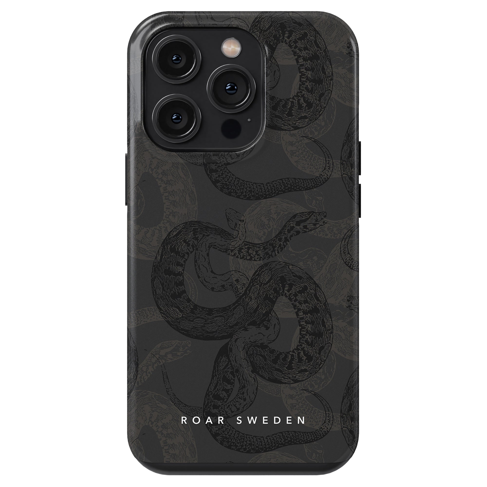 A smartphone case from the Serpent - Tough case collection with a dark snake pattern, robust protection, and the text "ROAR SWEDEN" printed at the bottom. The phone has a triple-lens rear camera setup.