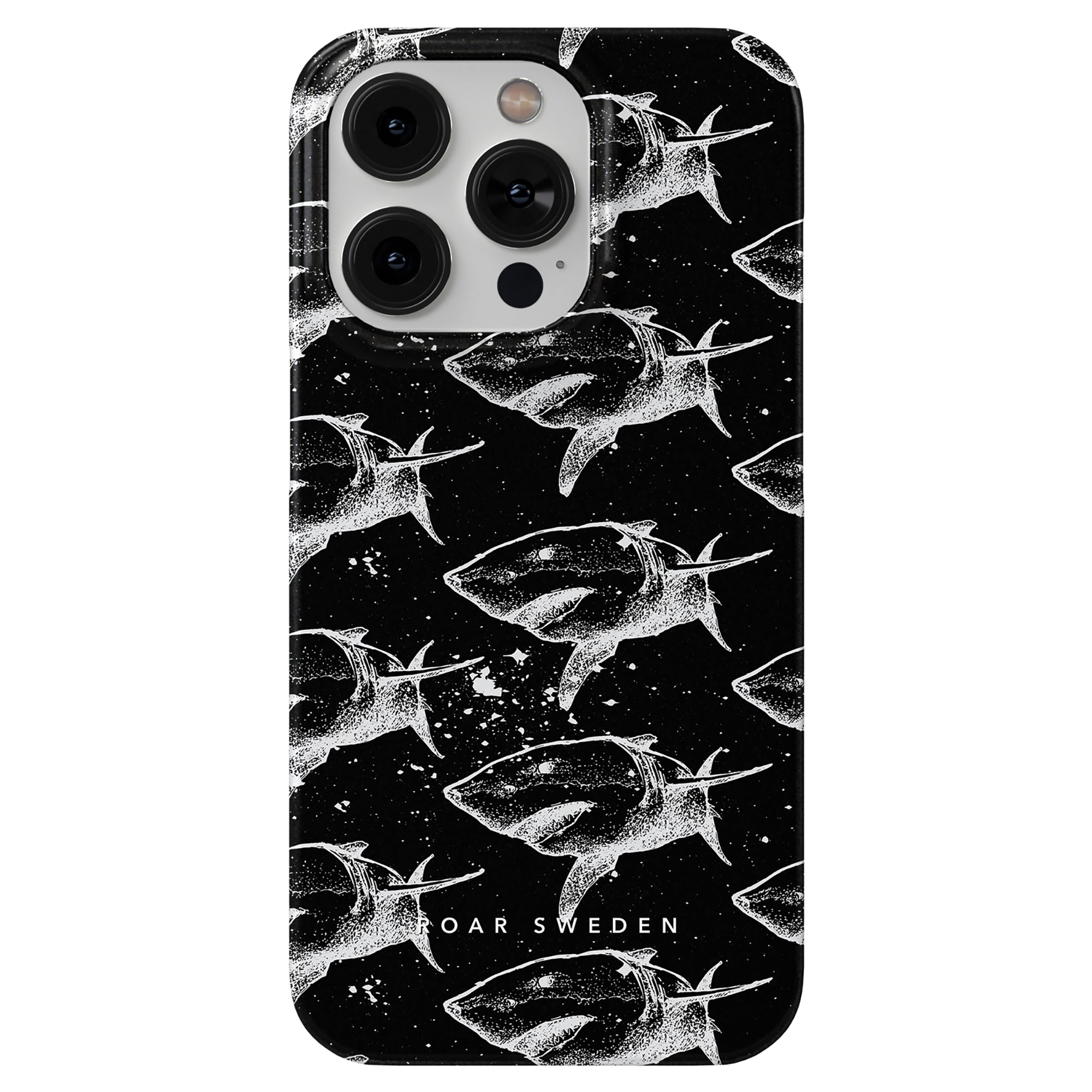 Shark Attack - Slim case, a black phone cover featuring a white fish pattern and the text "ROAR SWEDEN" at the bottom. As part of the Aquarium Collection, this mobilskal boasts precise cutouts for cameras and buttons.