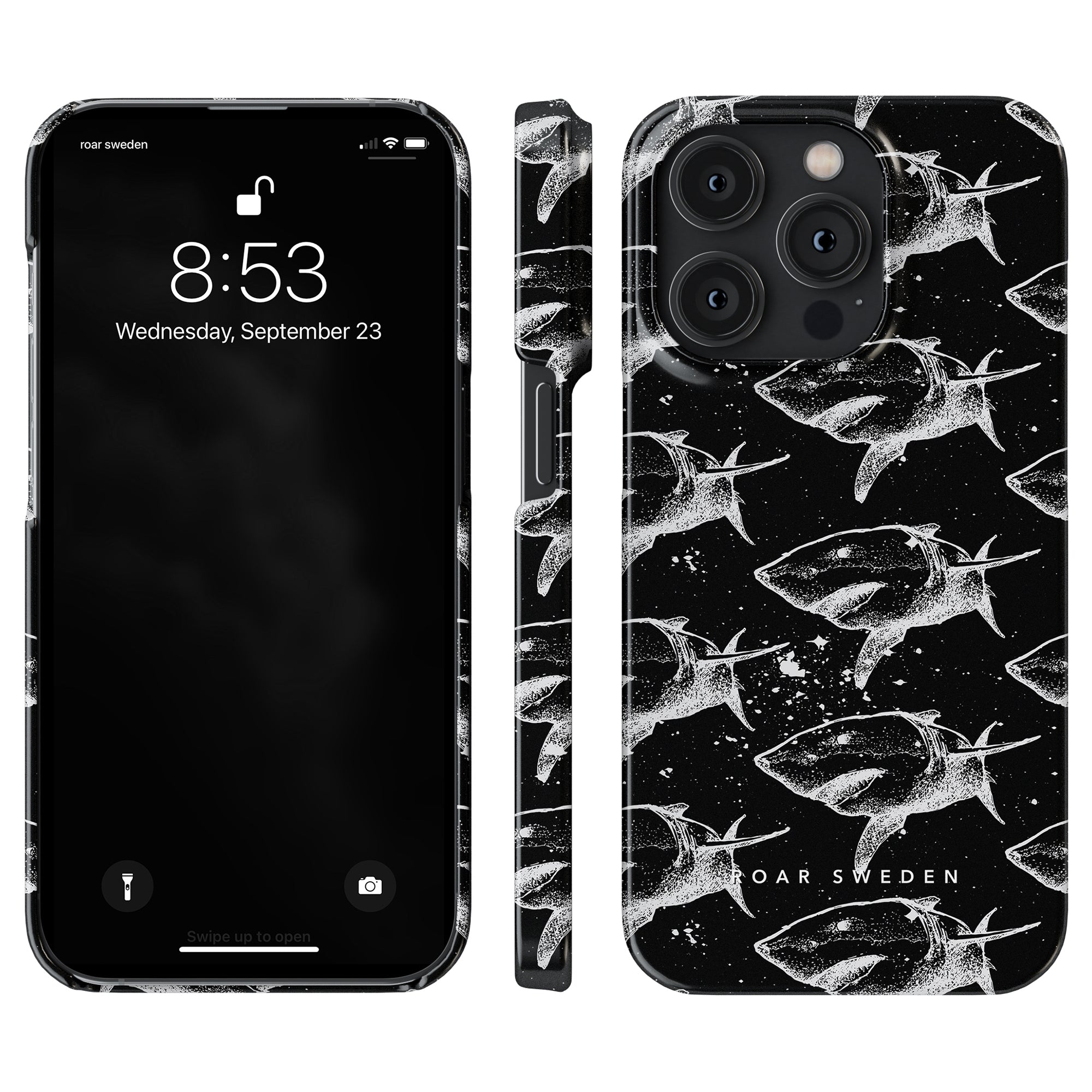 Front and side views of a smartphone with a Shark Attack - Slim case by ROAR SWEDEN, featuring a black and white shark pattern, part of their Aquarium Collection. The phone screen displays the time 8:53 and date Wednesday, September 23.