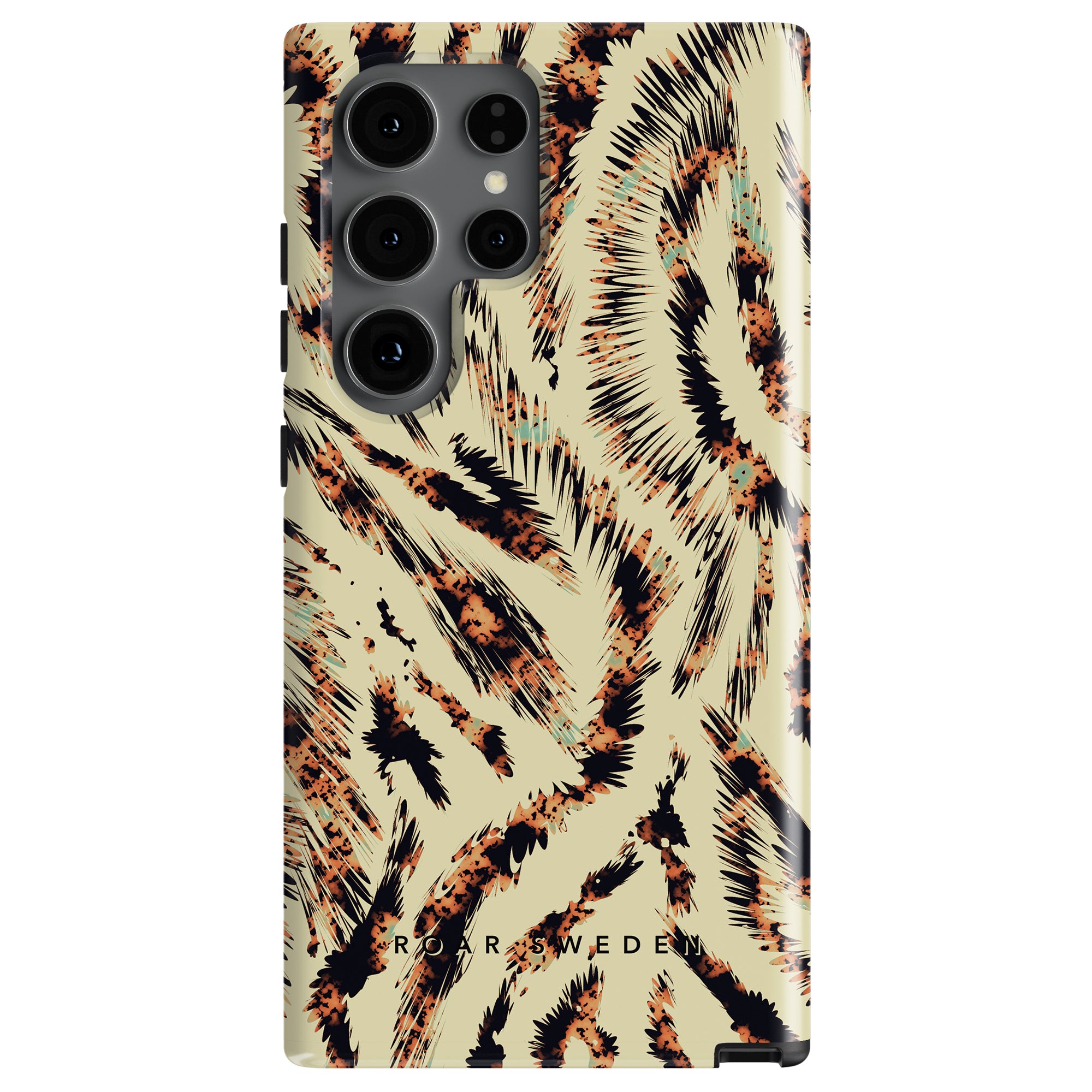 Smartphone with a beige and black abstract patterned Coco - Tough Case by Roar Sweden, featuring multiple camera lenses on the back and providing robust protection.