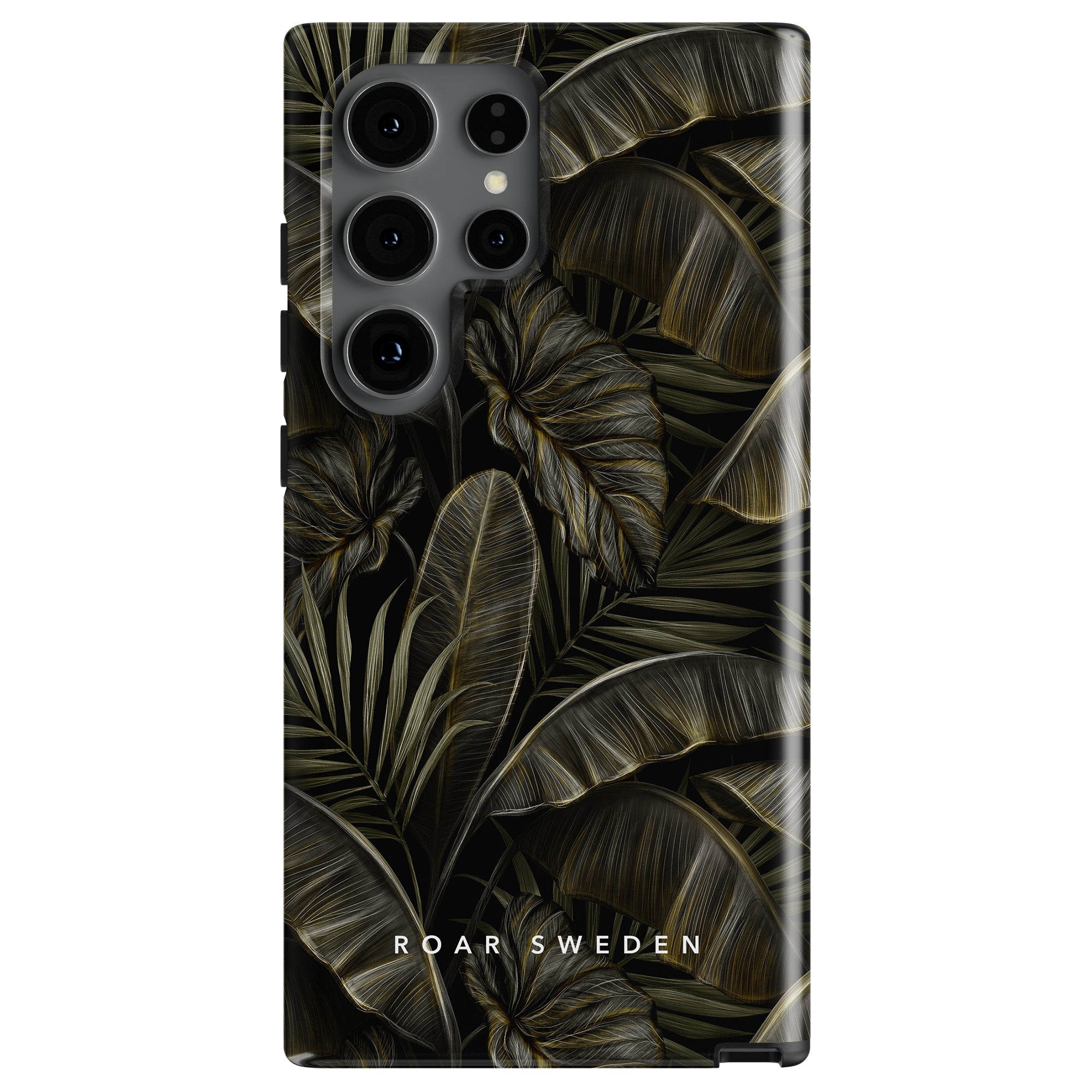 This Colocasia - Tough Case is decorated with a tropical leaf pattern in dark tones. The text "ROAR SWEDEN" is printed near the bottom. The phone case, suitable for various models, has multiple camera lenses and a side button on the left.