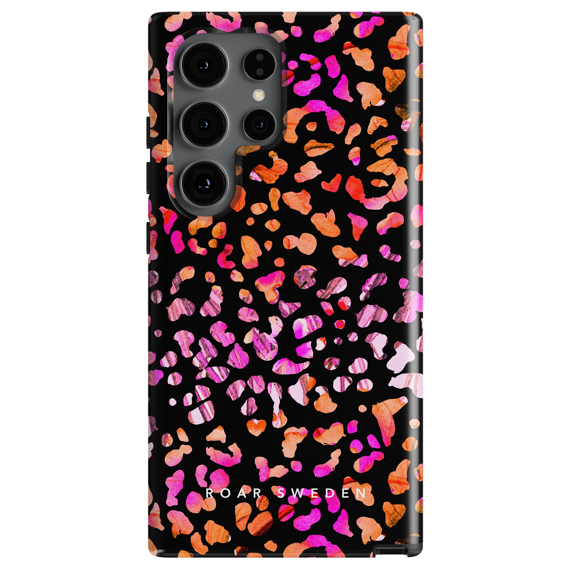 Smartphone with a colorful Exotic Leopard - Tough case featuring pink, purple, and orange spots, and the words "ROAR SWEDEN" at the bottom.