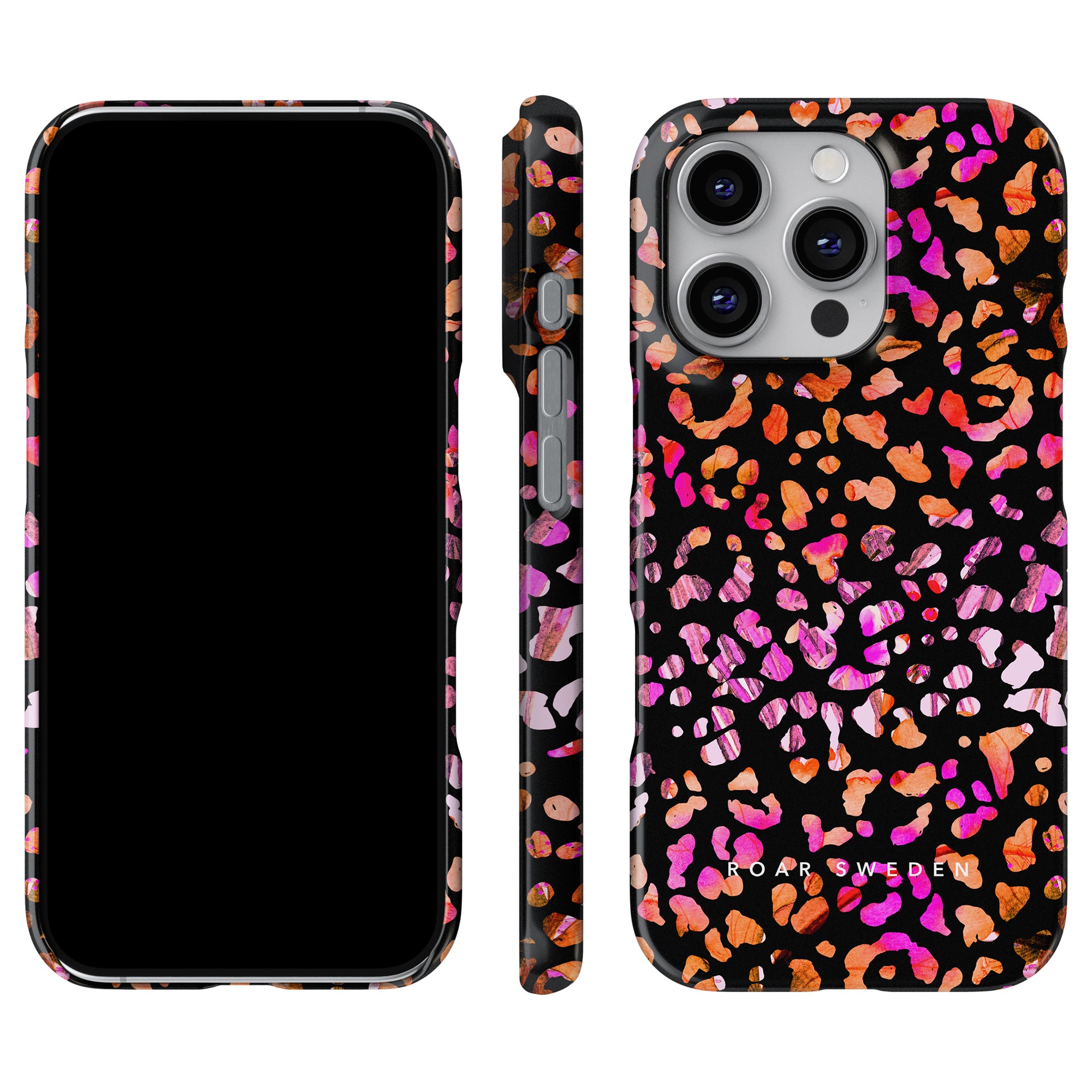 The Exotic Leopard - Slim case is showcased from the front, side, and back, featuring a black screen. The case boasts a distinct and bold style with a colorful abstract pattern in shades of pink, orange, and purple.