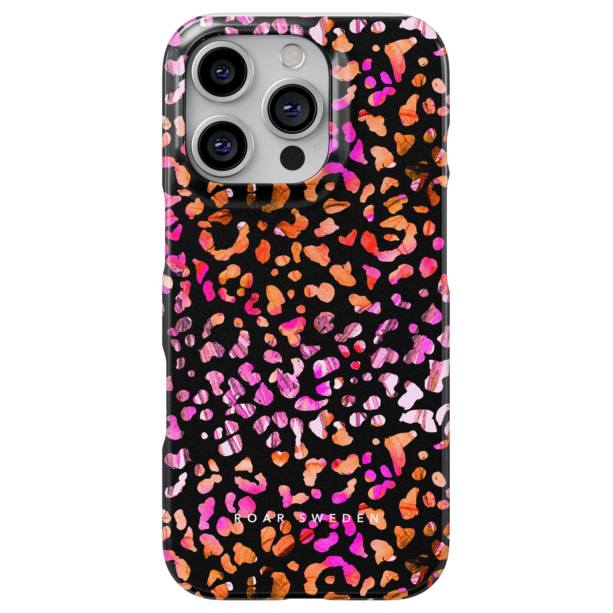 The Exotic Leopard - Slim case for smartphones features a vibrant, abstract spotted pattern in orange and pink tones on a black background, crafted from hållbart material for those who value sustainable style.