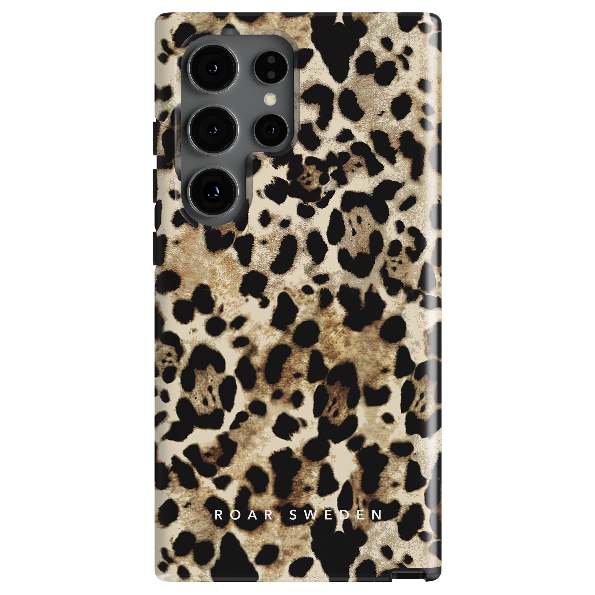 A smartphone encased in a chic mobilskal with a bold leopard print design and the iconic words "ROAR SWEDEN" at the bottom, embodying the rugged durability of a Jaguar - Tough Case.