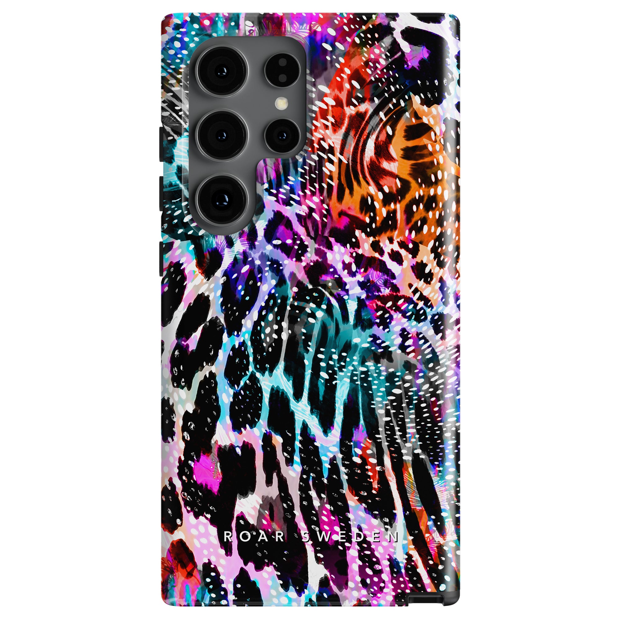 A smartphone with a Leopard Burst - Tough Case featuring a vibrant, multicolor patterned design, resembling a mix of animal prints and abstract art.