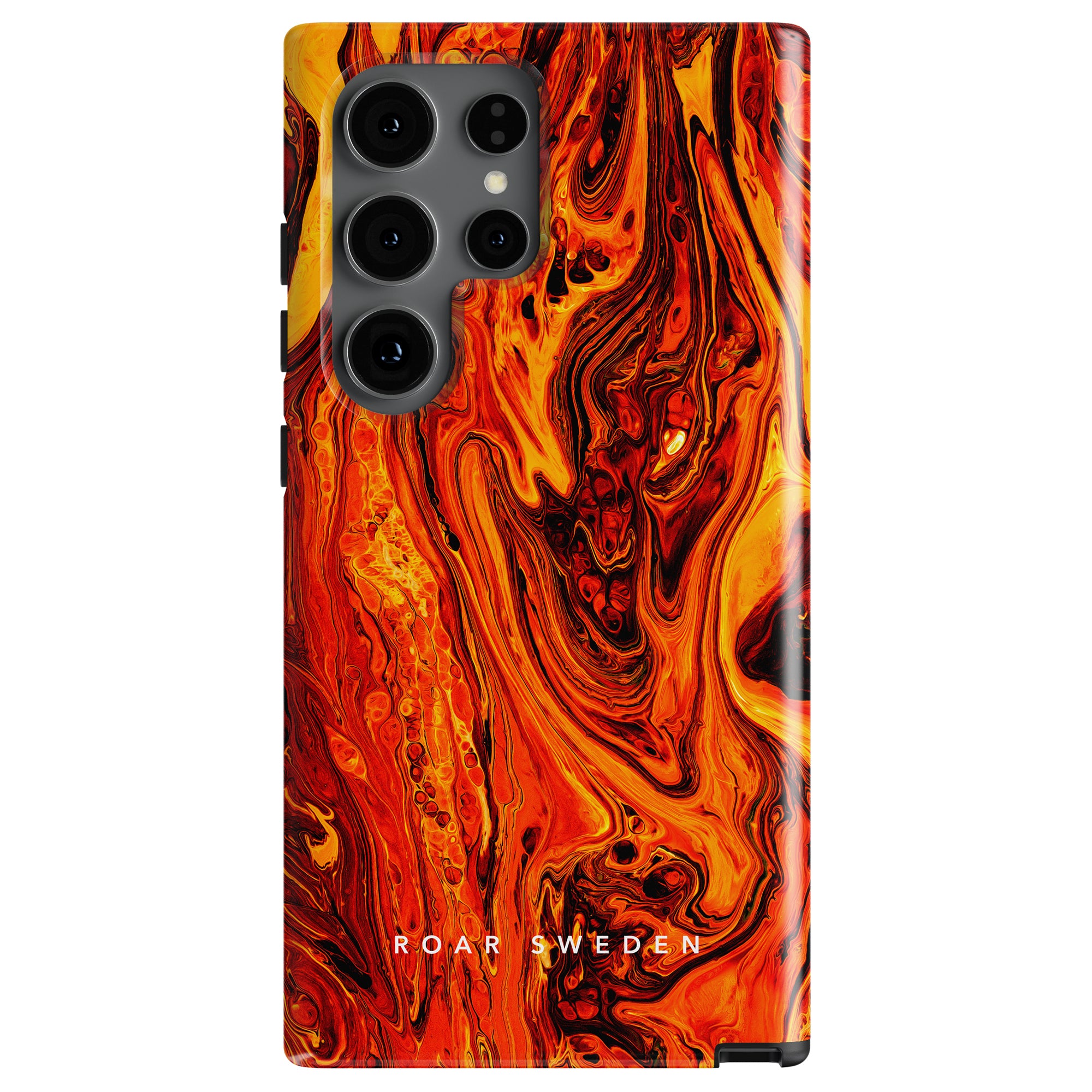 Smartphone case with a swirling orange and red abstract pattern, crafted from hållbart och tåligt material. Featuring multiple camera cutouts and the words "ROAR SWEDEN" at the bottom, this Maderas - Tough case evokes the fiery essence of vulkaniska utbrott.