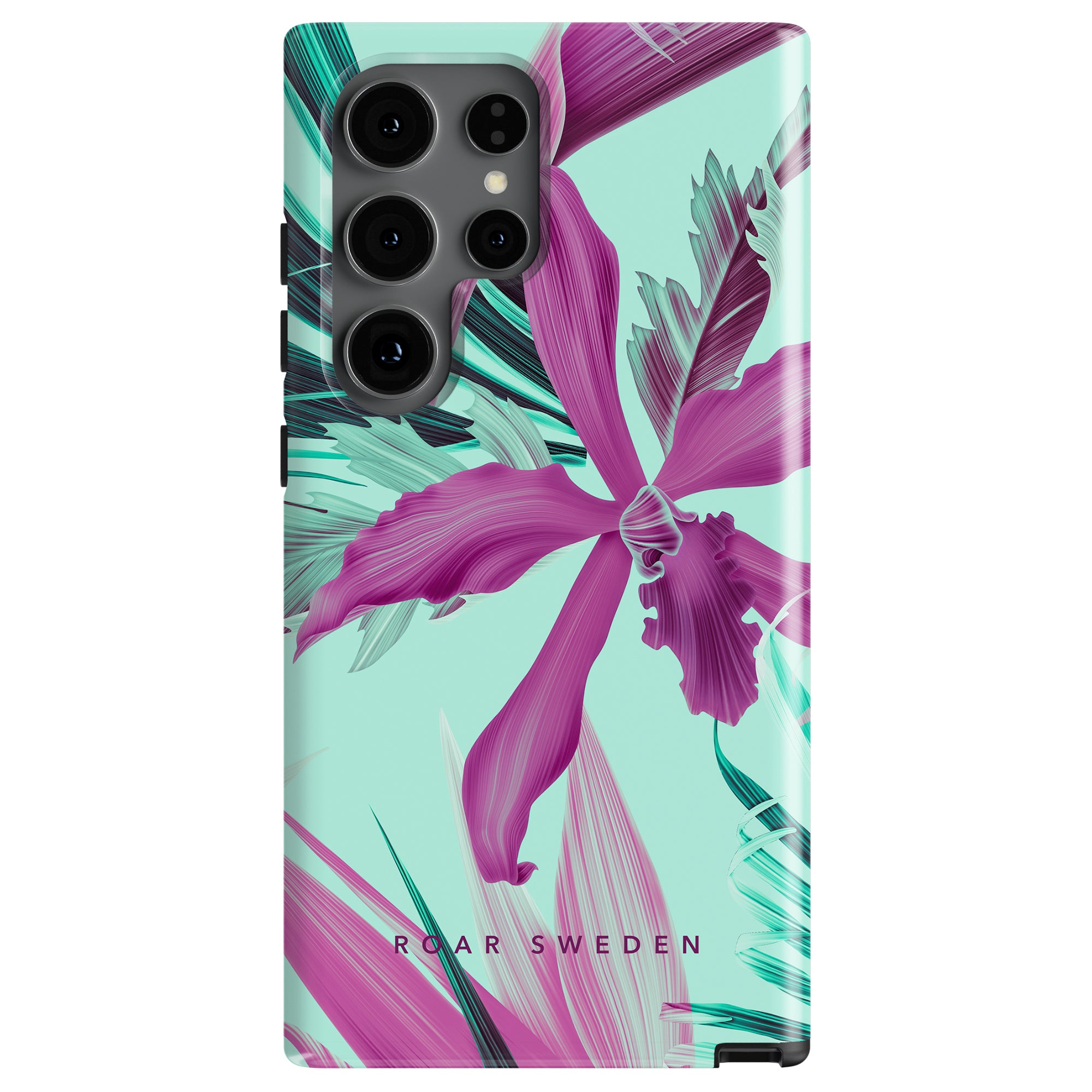 A smartphone with a teal mobilskal featuring a purple floral design and the text 'ROAR SWEDEN' at the bottom, reminiscent of Orchid Pop - Tough case.