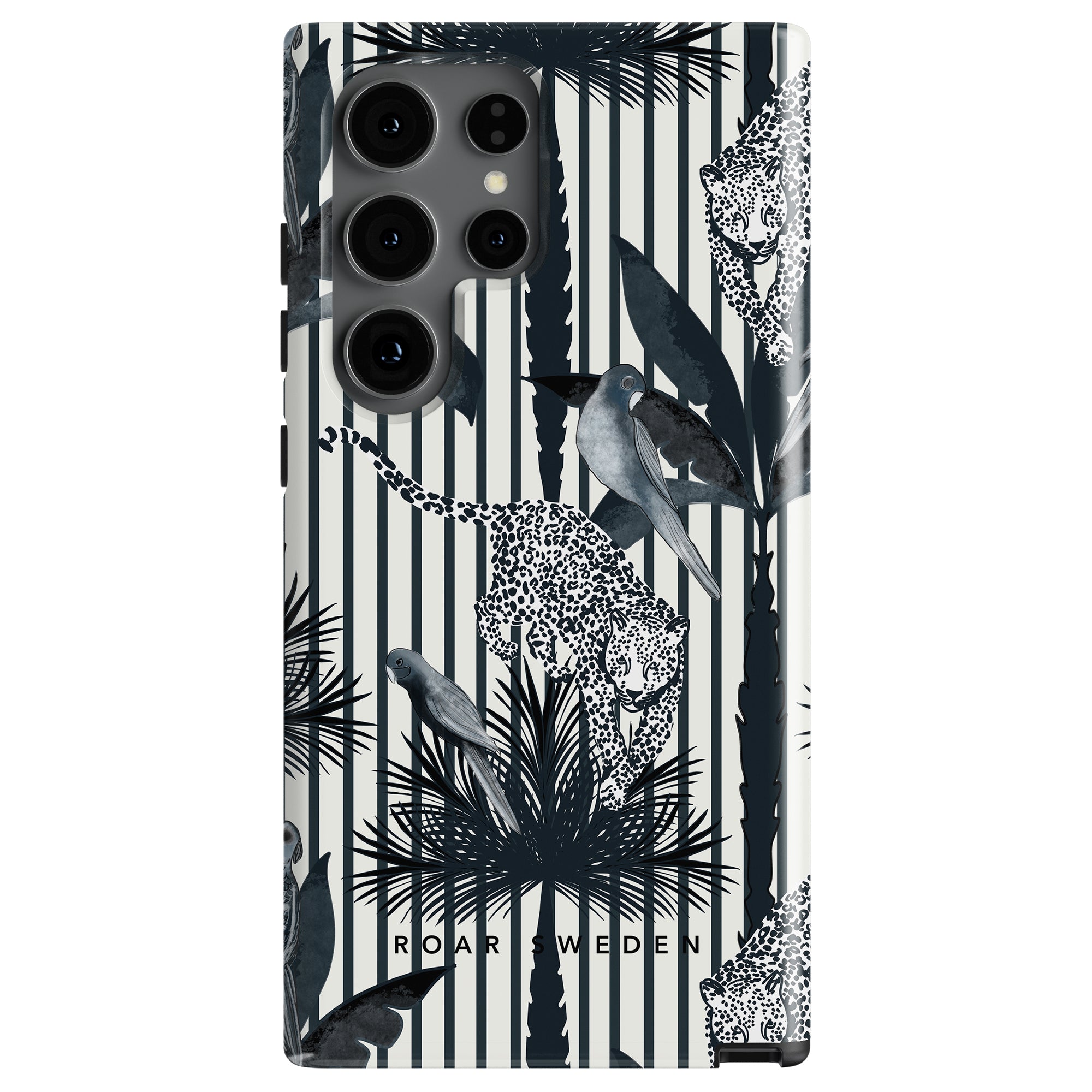 Description: Phone case with a black-and-white jungle theme design featuring leopards, birds, and palm leaves against vertical stripes. Brand name "ROAR SWEDEN" near the bottom. Embrace djungelns skönhet with this elegant Pardus - Tough Case.