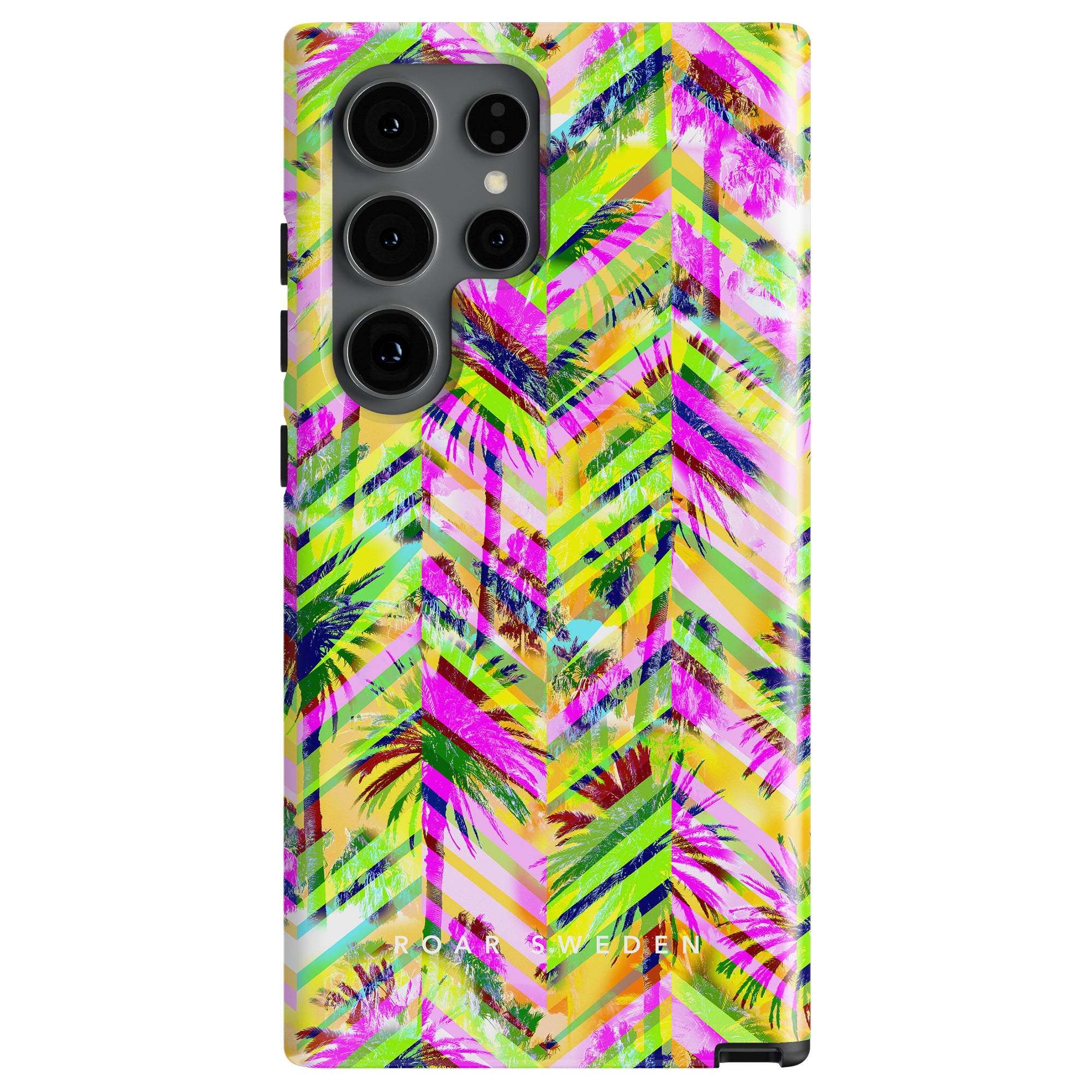 A vibrant smartphone Rio - Tough case with a Rio tema case showcasing a colorful chevron pattern, palm tree accents, and multiple rear camera lenses. The robust skydd case is finished with "ROAR SWEDEN" text at the bottom.