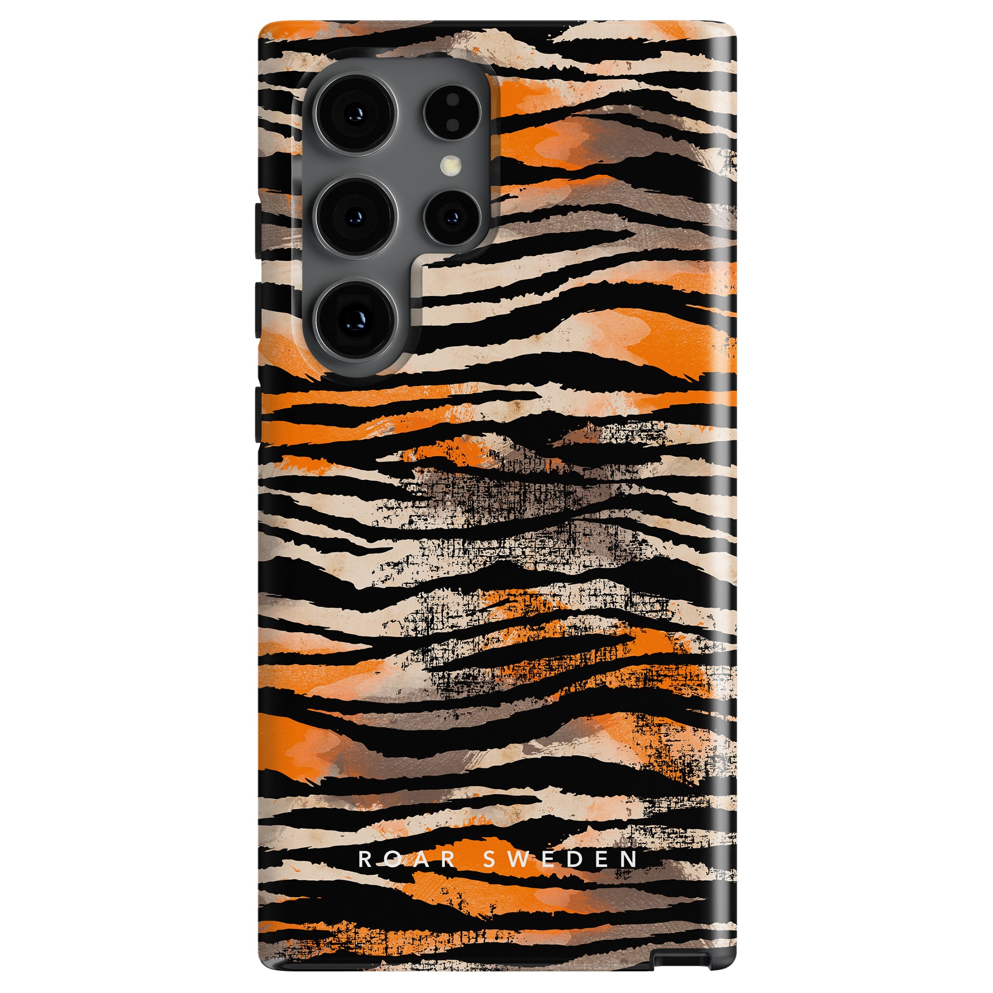 The Sun Tiger - Tough case is a smartphone case featuring an abstract tiger stripe pattern in black, orange, and beige colors. The text "ROAR SWEDEN" is printed at the bottom, providing stylish skydd för din mobil.