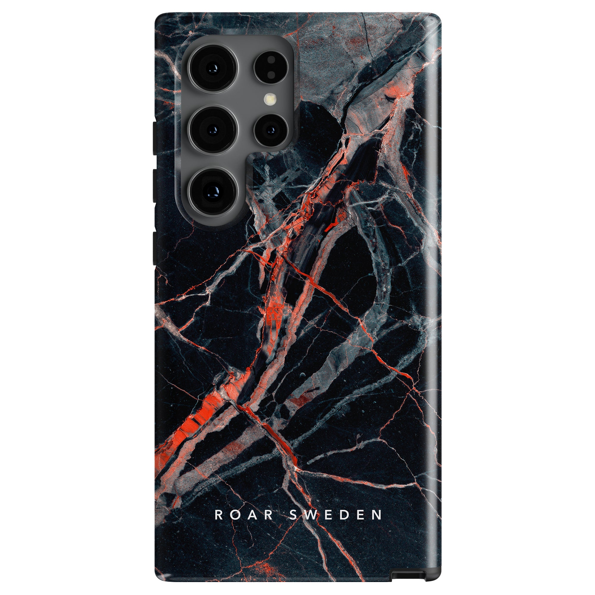 A stylish Veins - Tough Case features a black, red, and gray marble pattern with the text "ROAR SWEDEN" at the bottom, providing robust smartphone skydd for your device.