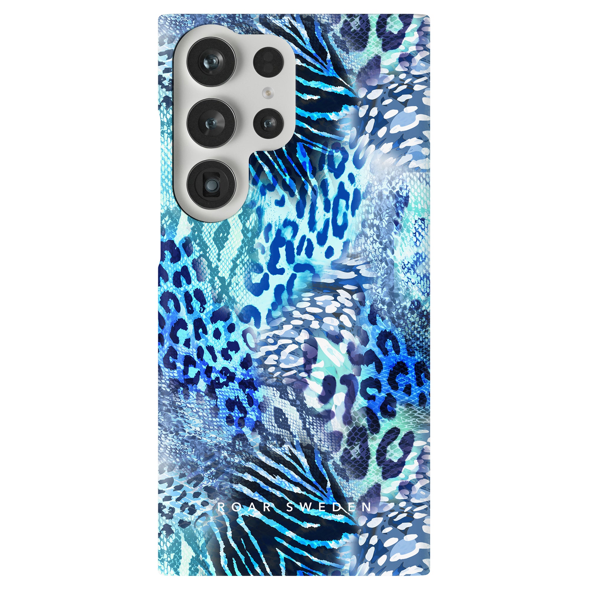 A blue Snow Leopard - Slim case with a leopard print pattern.