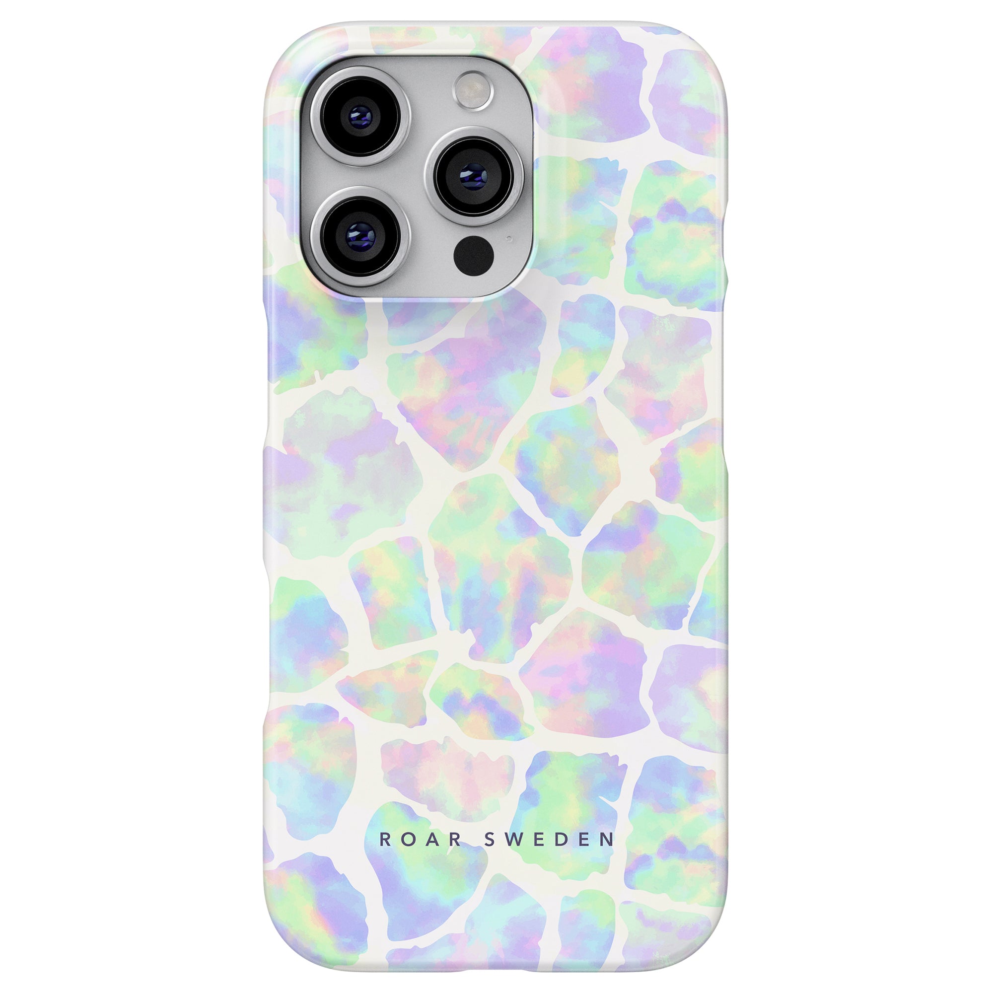 Ett smartphonefodral med ett levande, tie dye-magi-mönster, med "Soap Giraffe" skrivet i botten.