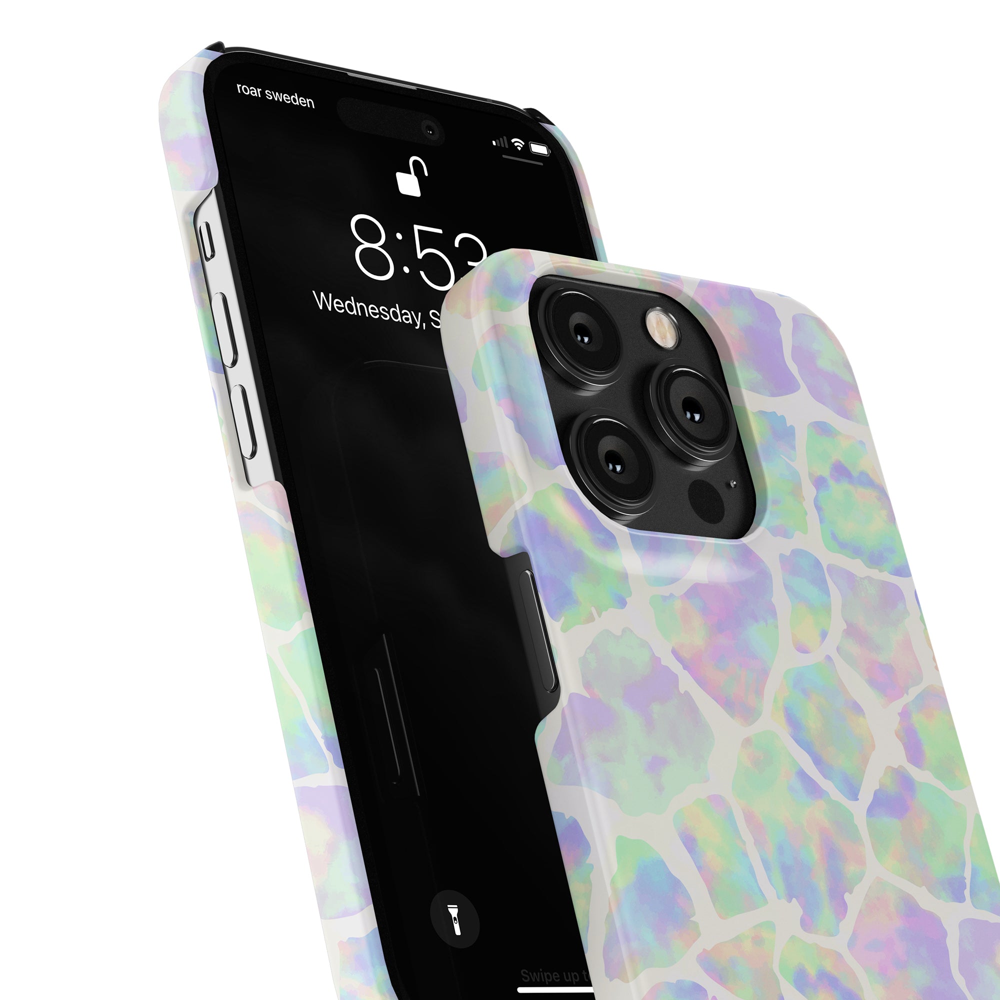 An iridescent iPhone 11 pro case with a Soap Giraffe - Slim case pattern.