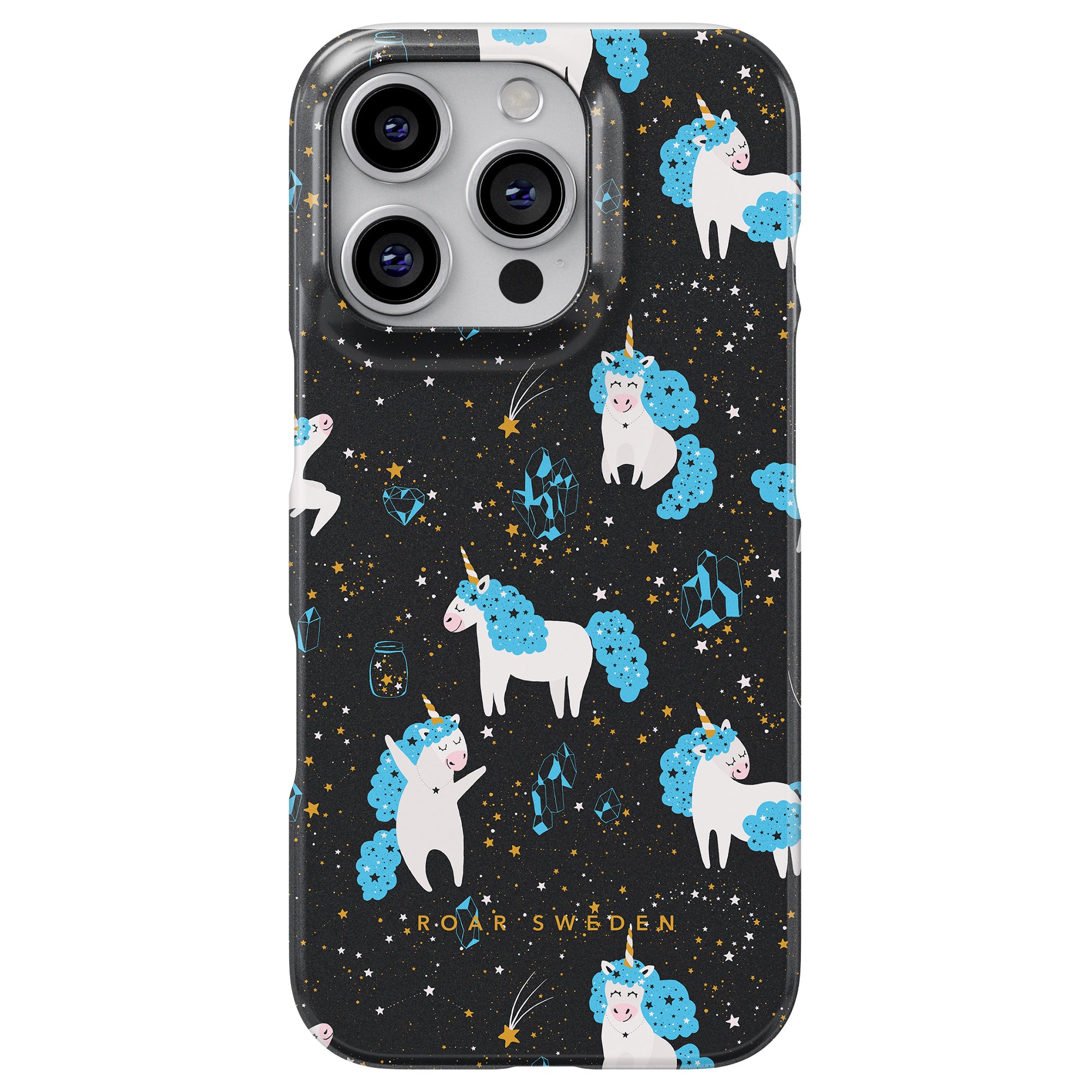 Introducing our Space Unicorns - Slim Case from the Kitty Collection, featuring a whimsical pattern of unicorns with blue manes, stars, and gemstones on a black background.